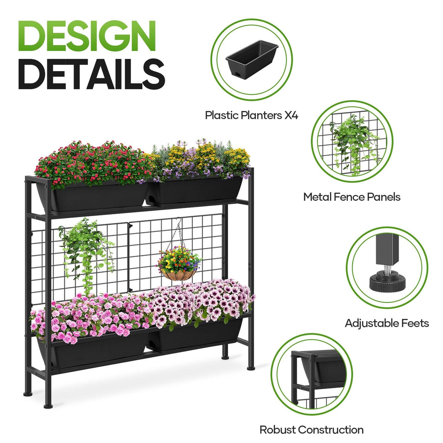CADUKE Raised Garden Bed, Garden Raised Planter Box with Legs, 32" Elevated Vegetable Garden Beds with Drainage Holes & Trellis, Herb Garden Planter Outdoor for Vegetables, Balcony, Patio, Black