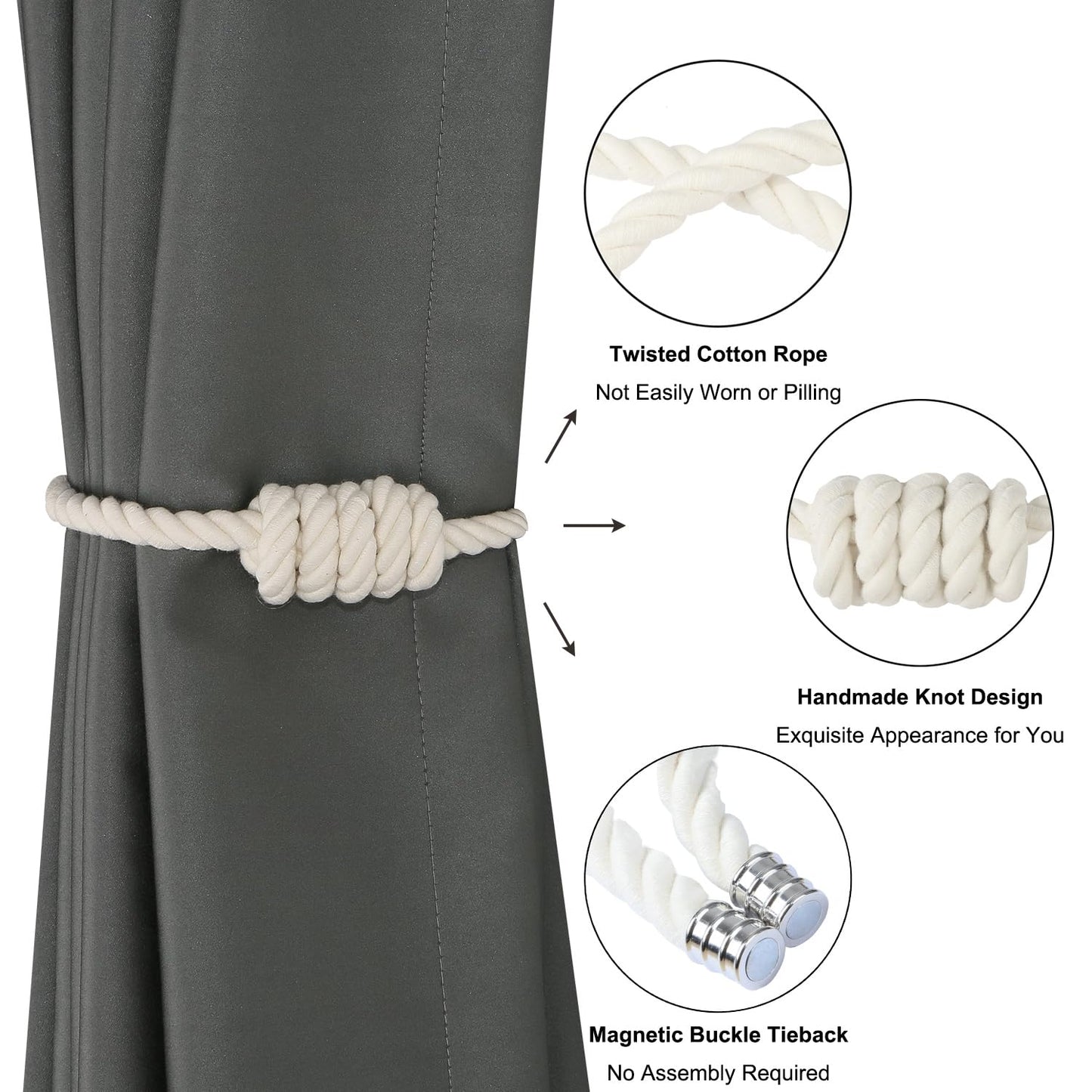 BEL AVENIR Magnetic Cotton Curtain Tiebacks, Decorative Drapery Holdbacks Modern Woven Tie-Backs with Exquisite Knot (Cotton, 2 Pack)