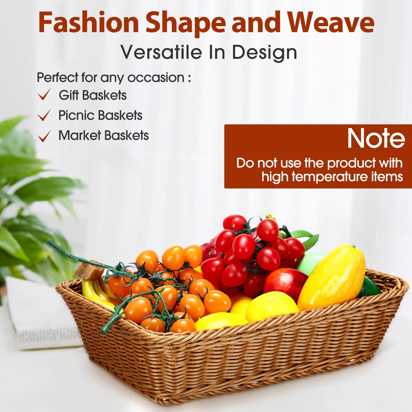 Eccliy 6 Pack Wicker Bread Baskets 15.8 Inch Woven Serving Basket for Gifts, Poly Wicker Storage Rectangle Rattan Display Trays for Bread Food Vegetables Fruit Snacks Tabletop Restaurant Home