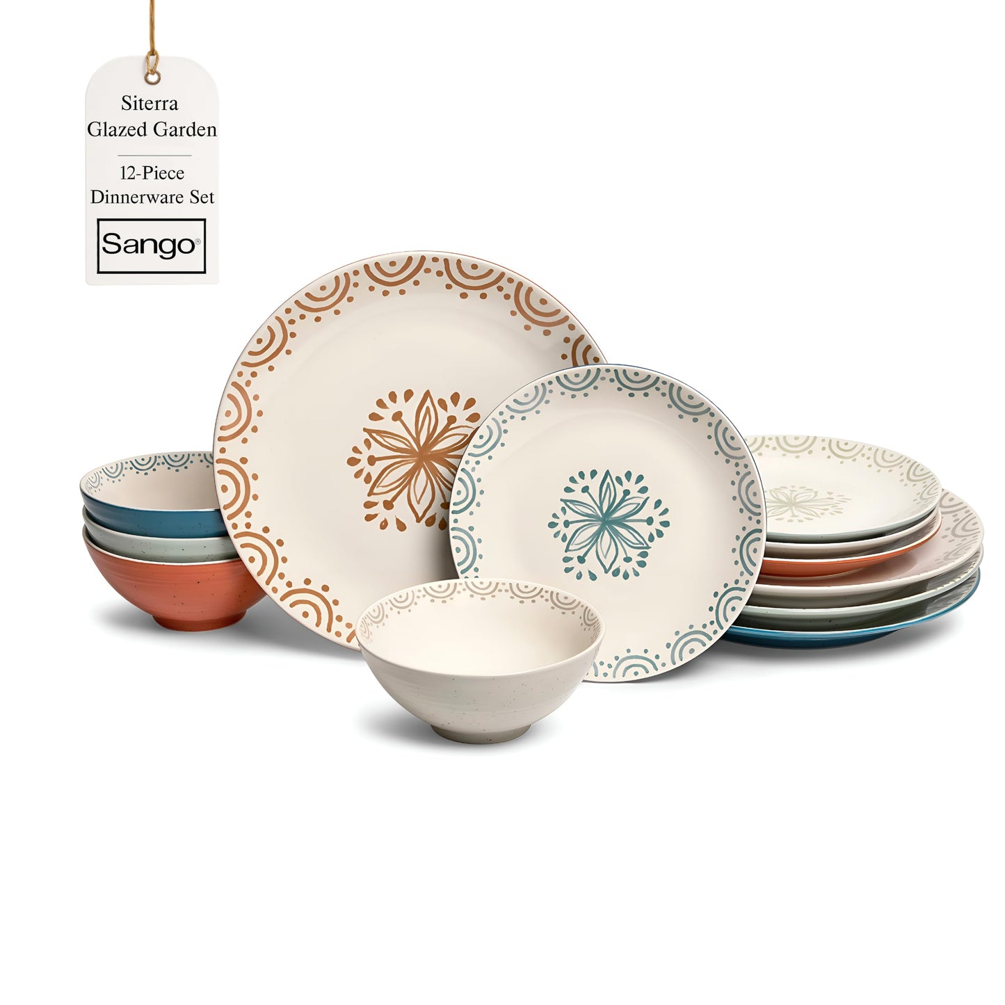 Sango 12-Piece Speckled Stoneware Dinnerware Set for 4- Glossy Plates and Bowls Set with Hand-Painted Floral Pattern, Rustic Ceramic Dish Set, Elegant Dishes for Everyday Dining, Siterra Glazed Garden