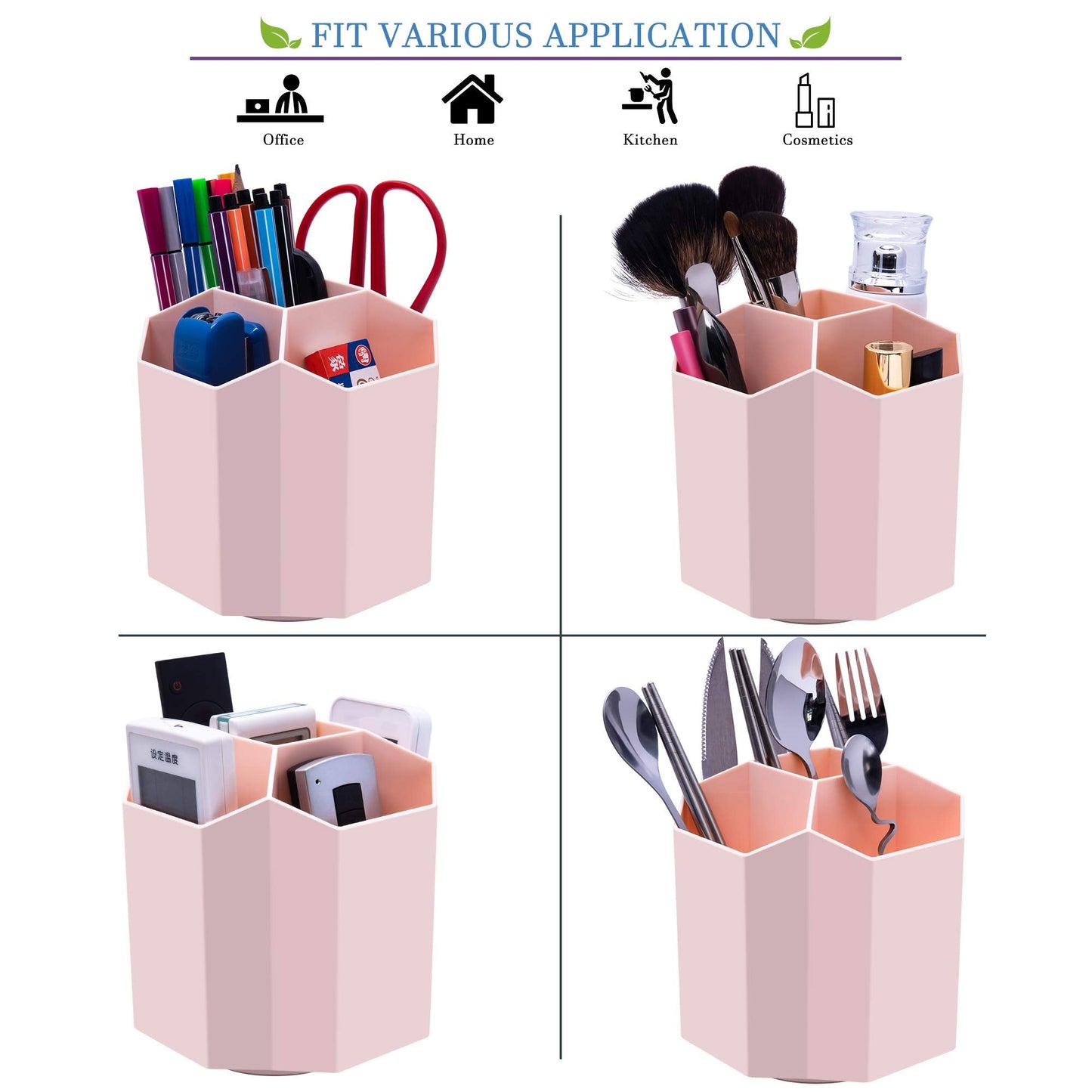 Siveit Desk Pencil Pen Holder, Rotating Pen Organizers 360-Degree 5 Grid Pen Holder for Desktop Storage Stationery Supplies Organizer, Home, Office, School, Kids, Peach Pink
