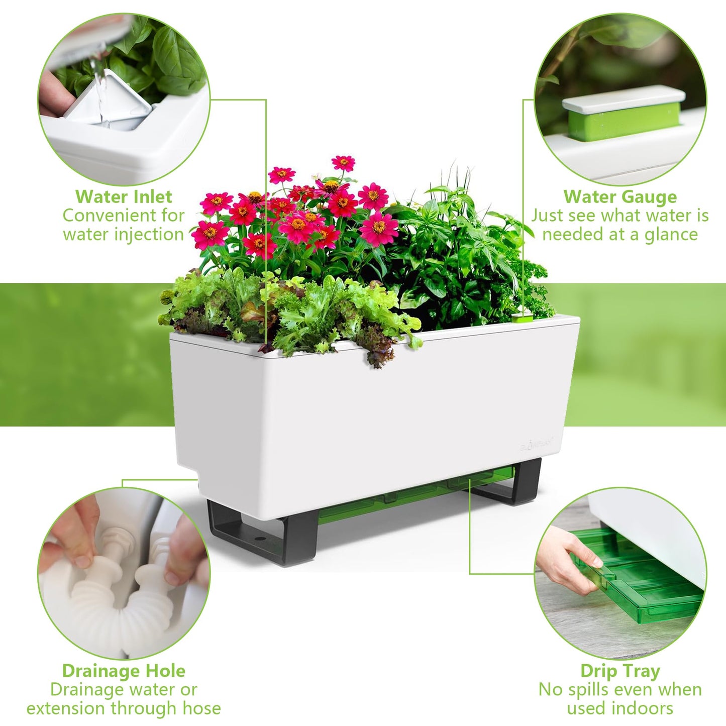 Glowpear Self-Watering Mini Bench Planter - 23.6" in Pot, Free Standing, UV Stable, Scalable, Indoor | Outdoor Pot with Water Gauge, for Home Kitchen Windowsill Gardening