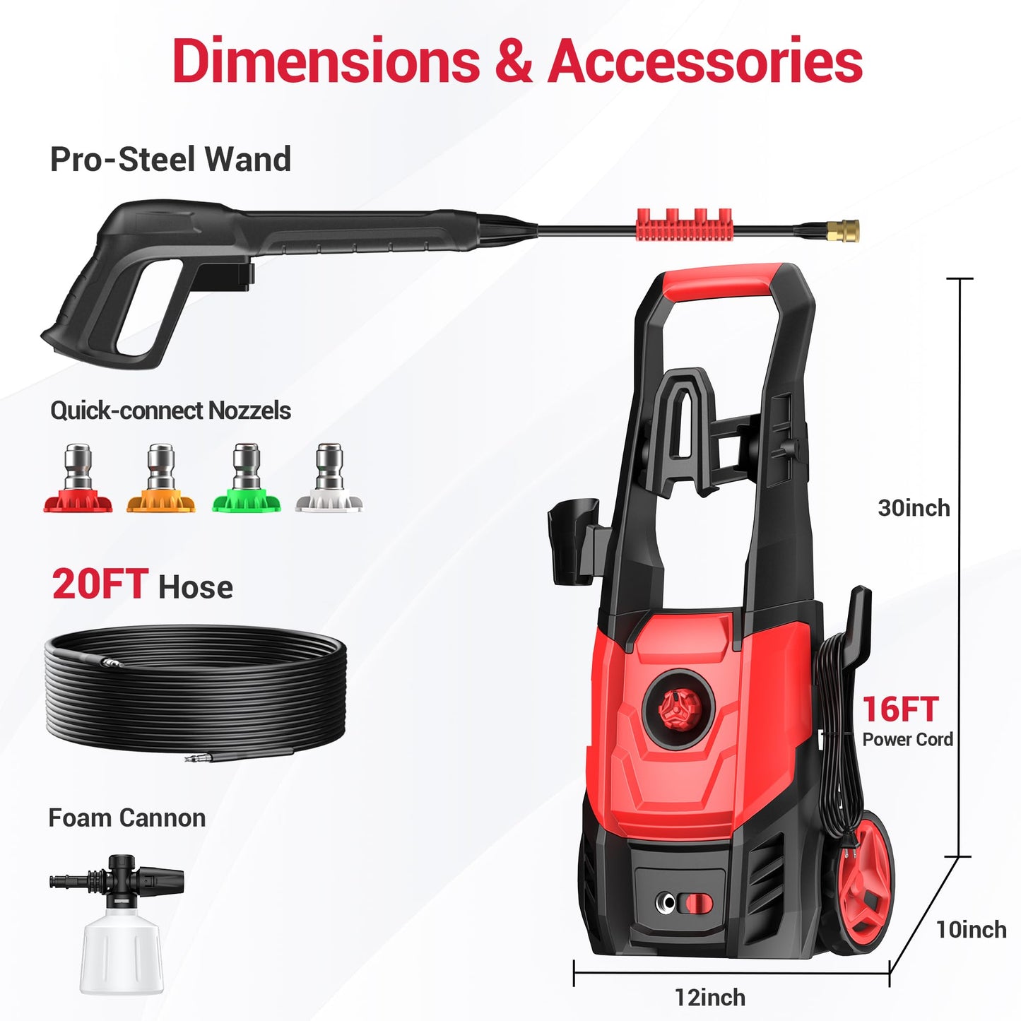 Electric Pressure Washer, 2.5 GPM Power Washer with Foam Cannon, Electric High Pressure Washer with 4 Quick Connect Nozzles for Cars, Driveways, Fences, Patios, Home Cleaning