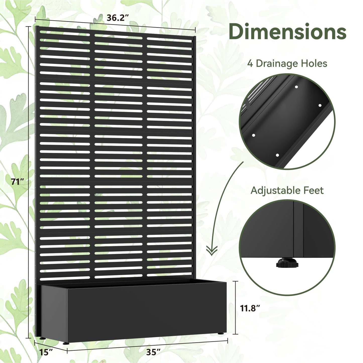 COFaR 71" Tall Metal Planter Box with Trellis & Privacy Screen, Steel Raised Garden Bed with Drainage Holes & Adjustable Feet, Outdoor Planter for Climbing Plants, Patio, Deck, Balcony (Slatted)
