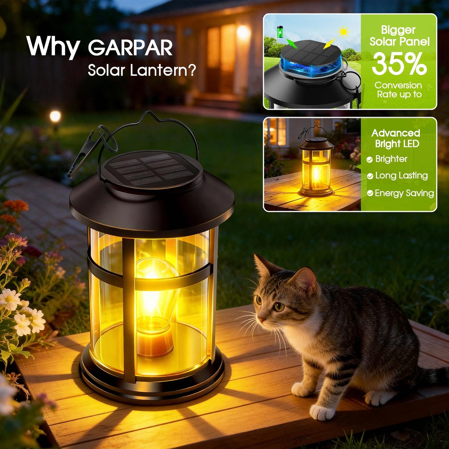 GARPAR Solar Lanterns Outdoor Waterproof with Wall Mount Kit, Upgraded Brighter Hanging Solar Lights for Outside, Auto On/Off Solar Powered Lantern for Garden Yard Patio Porch Decor, Gift for Mom