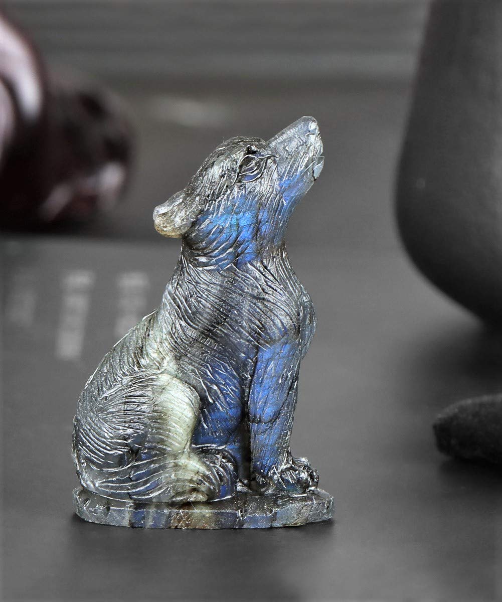 Artistone 2.0" Labradorite Crystal Wolf Statue Decor Hand Carved Gemstone Wolf Gifts Figurines Animal Carving Sculpture Crystal and Healing Stones Home Decoration (Gift Box)