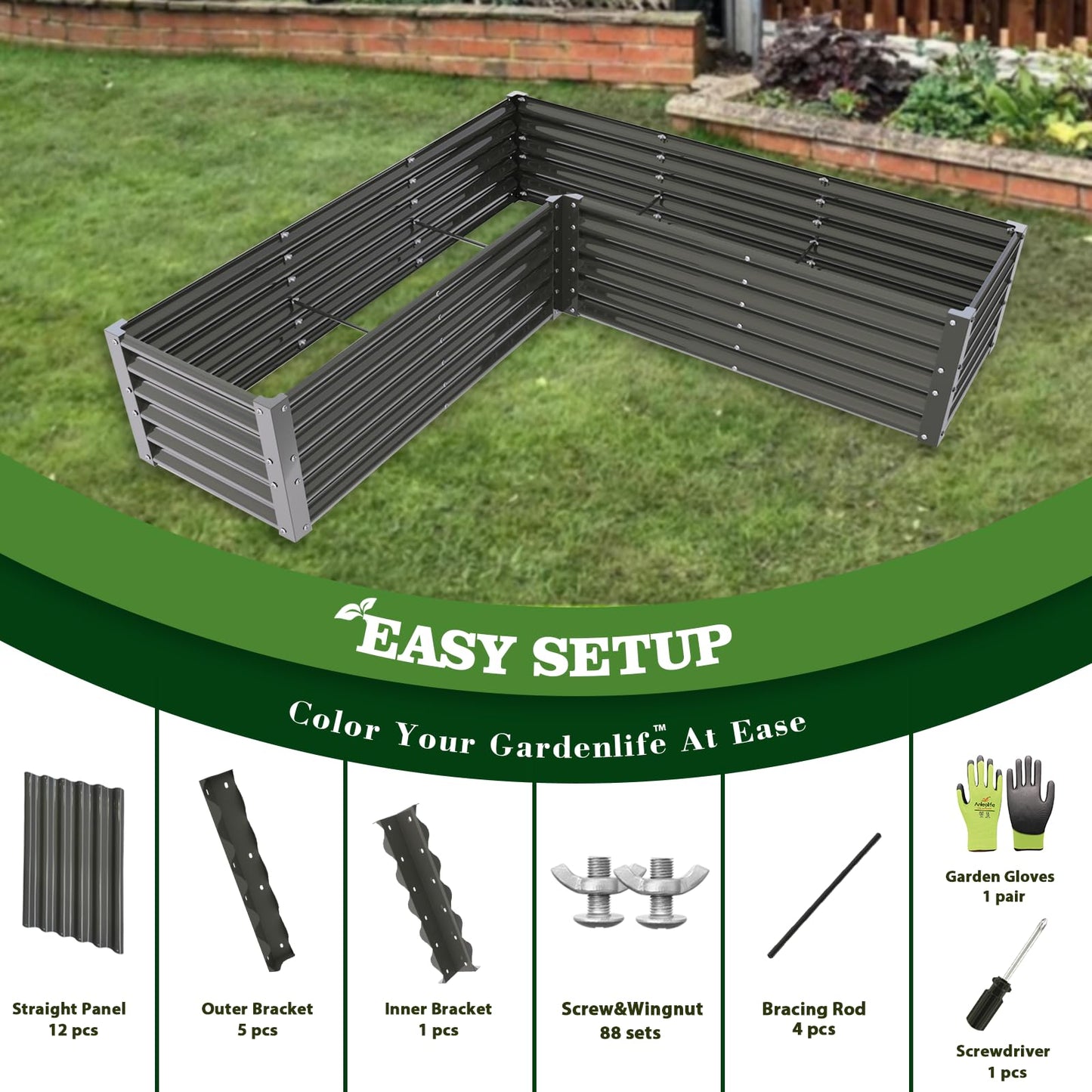 A ANLEOLIFE 2 Set L-Shaped Galvanized Raised Garden Beds Outdoor,74x74x18in Large Metal Planter Box for Planting Vegetables Flowers Herb, Anti-Rust & Easy-Setup, Quartz Grey