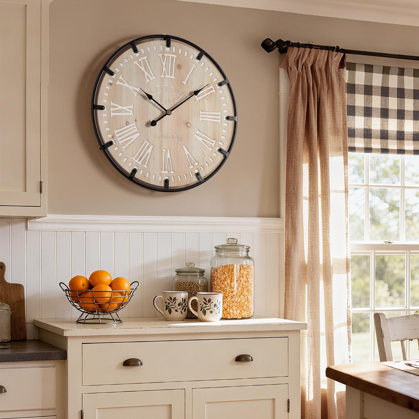 Vantic Farmhouse 30 Inch Extra Large Decorative Wall Clock with Metal Circle, Oversized Wood Wall Clock with Large Roman Numeral for Living Room, Bedrooms and Offices, Silent and Battery Operated