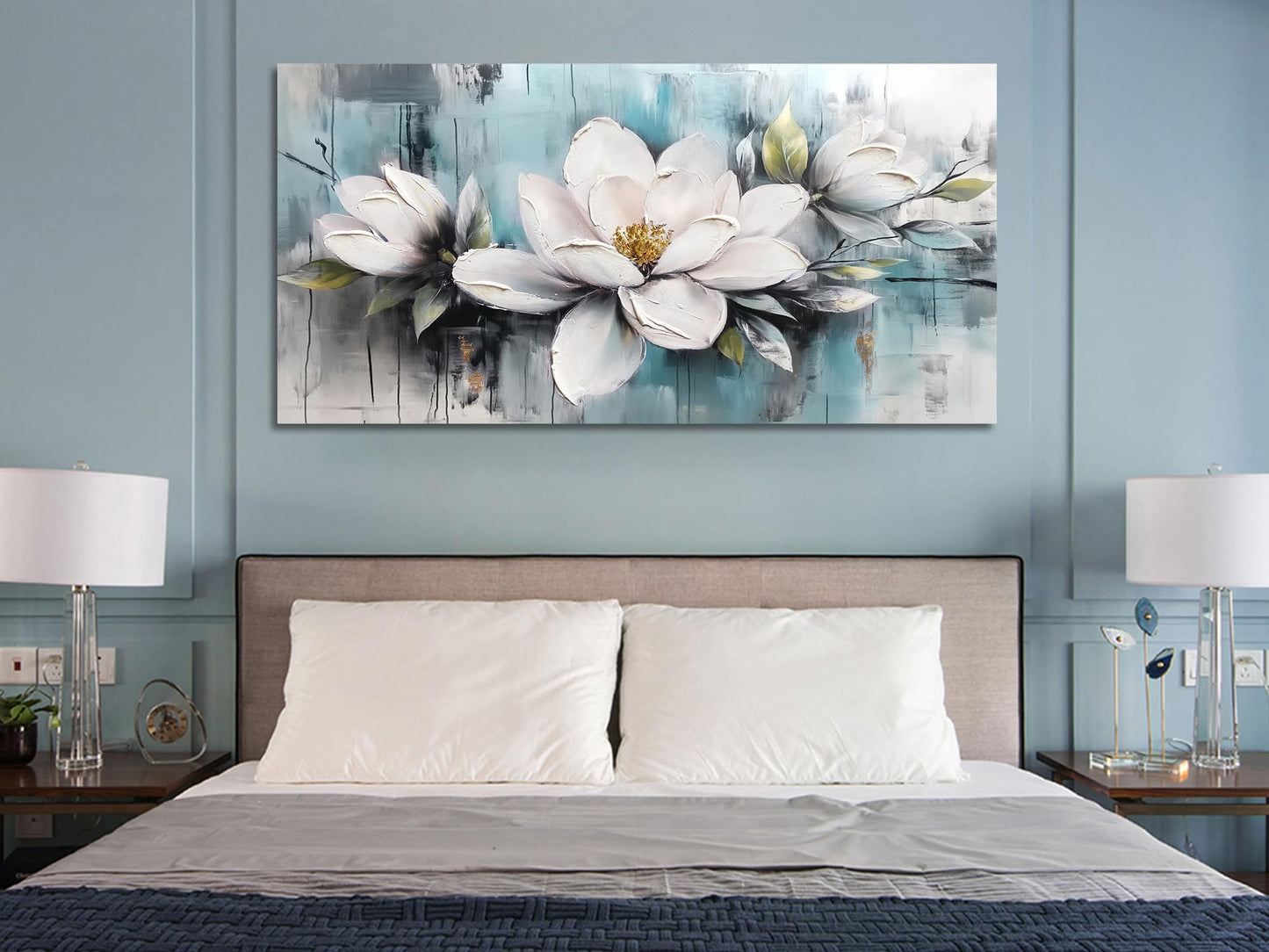 Ardemy Magnolia Wall Art for Living Room, Teal Large White Floral Canvas Wall Art Bedroom Painting Textured Picture Wall Decor Flower Artwork for Wall Decor Home Office Dining Room 40"x20"