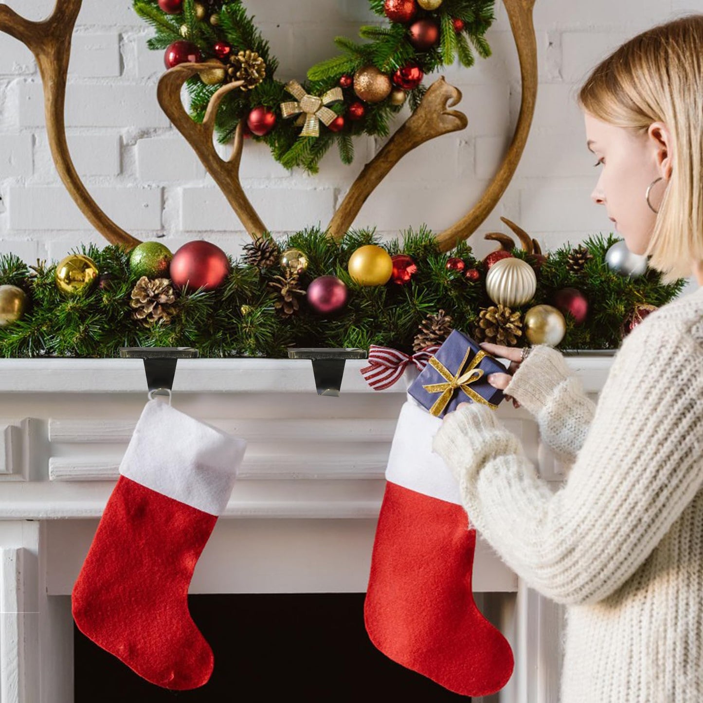 HMASYO Christmas Stocking Holders for Mantle Set of 2, Heavy Duty Cast Iron Stocking Hangers Base, Low Profile Weighted Stocking Holder Hooks for Fireplace Tabletop Shelf Christmas Decoration, Bronze