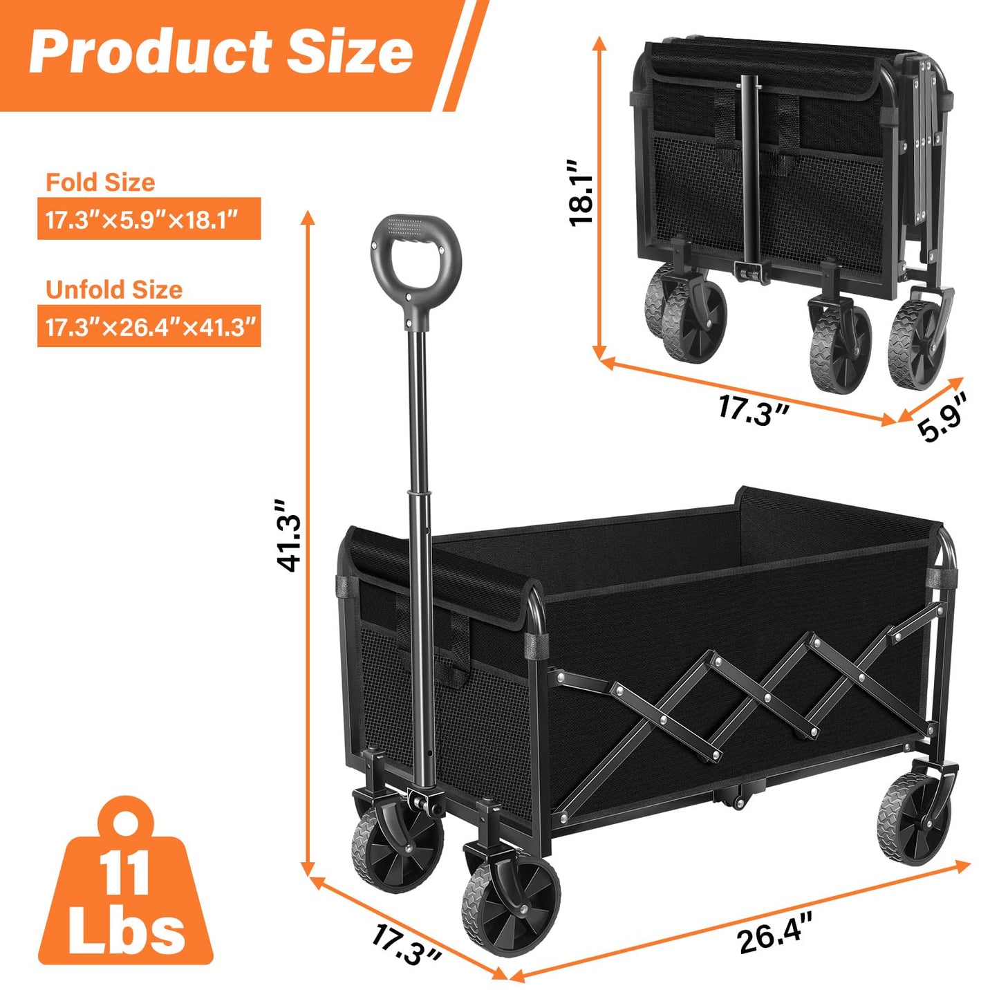 Wagons Carts Foldable, Collapsible Wagon with Wheels — Durable Folding Utility Pull Wagon Cart for Groceries, Picnic & Pets, Park Trips & Small Hauls, 280 lbs Heavy Duty Capacity,Graphite Black
