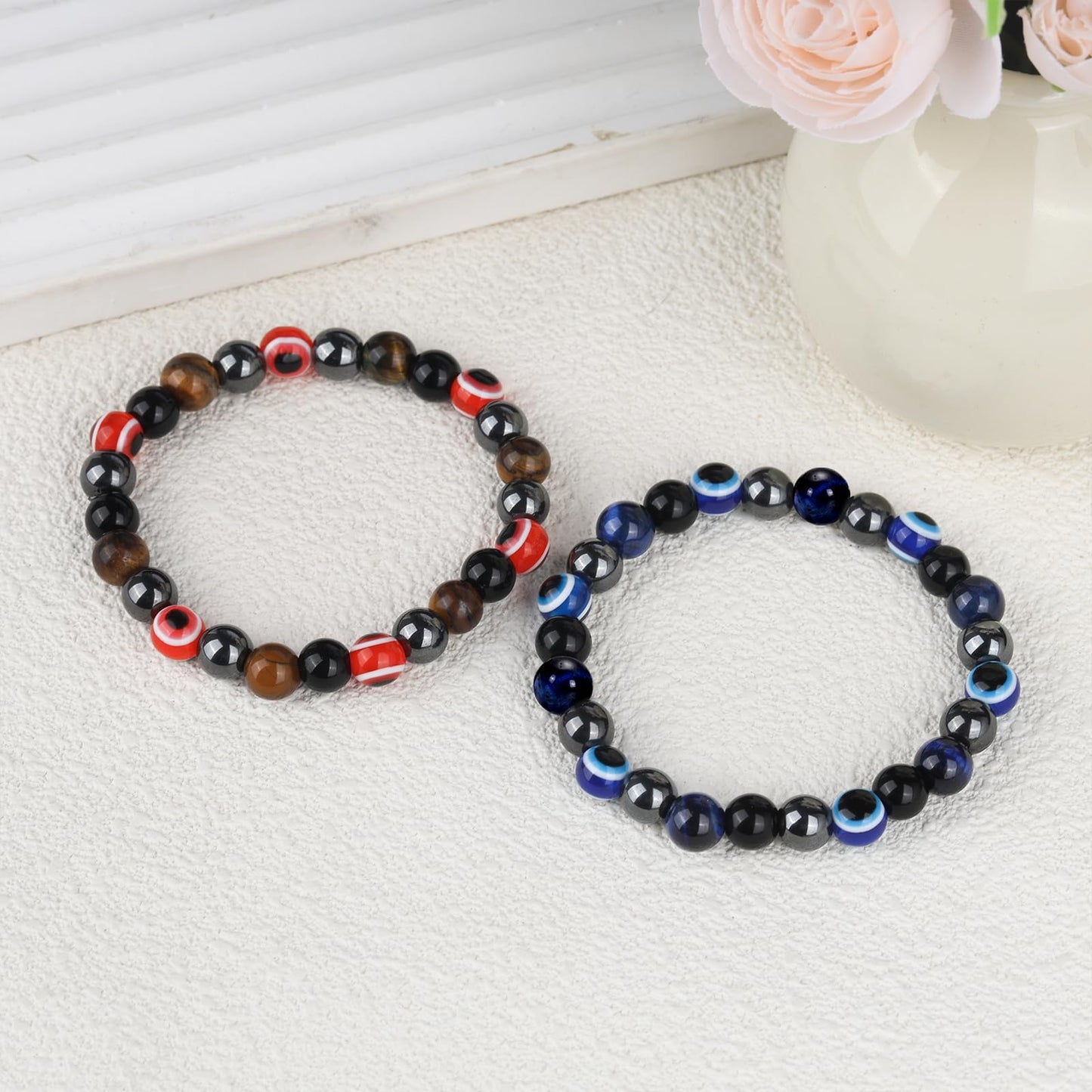 ZICRMIYA Evil Eye Bracelets for Men Women,8mm Evil Eye Beads Black Obsidian Hematite Tiger Eye Bracelets Protection Bracelet Healing Bracelet Bring Luck and Prosperity Happiness