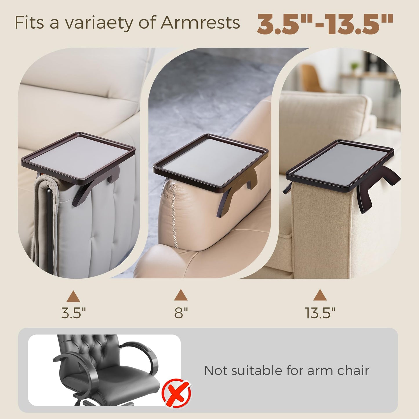 Tomlyop Couch Armrest Table, Foldable Bamboo Sofa Arm Tray for Couch with a Non-Slip Pad, Clip On Couch Arm Table for Remotes/Eatting/Drinks, Fits Sofa Armrest 3.5"-13.5" Brown