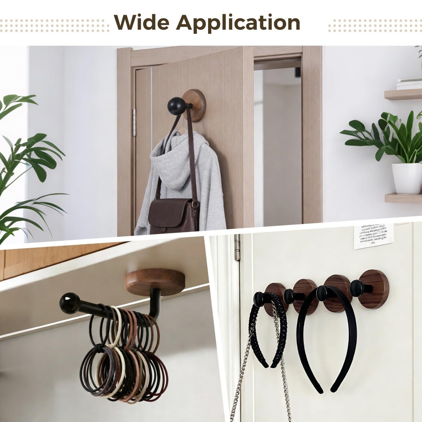 4 Pcs Walnut Wood Wall Hooks, Including 2 T-Shaped Hooks & 2 J-Shaped Holders, No-Drill Adhesive Curtain Holdbacks with Solid Wood Base for Coats, Hats, Keys & Hair Ties (Black)