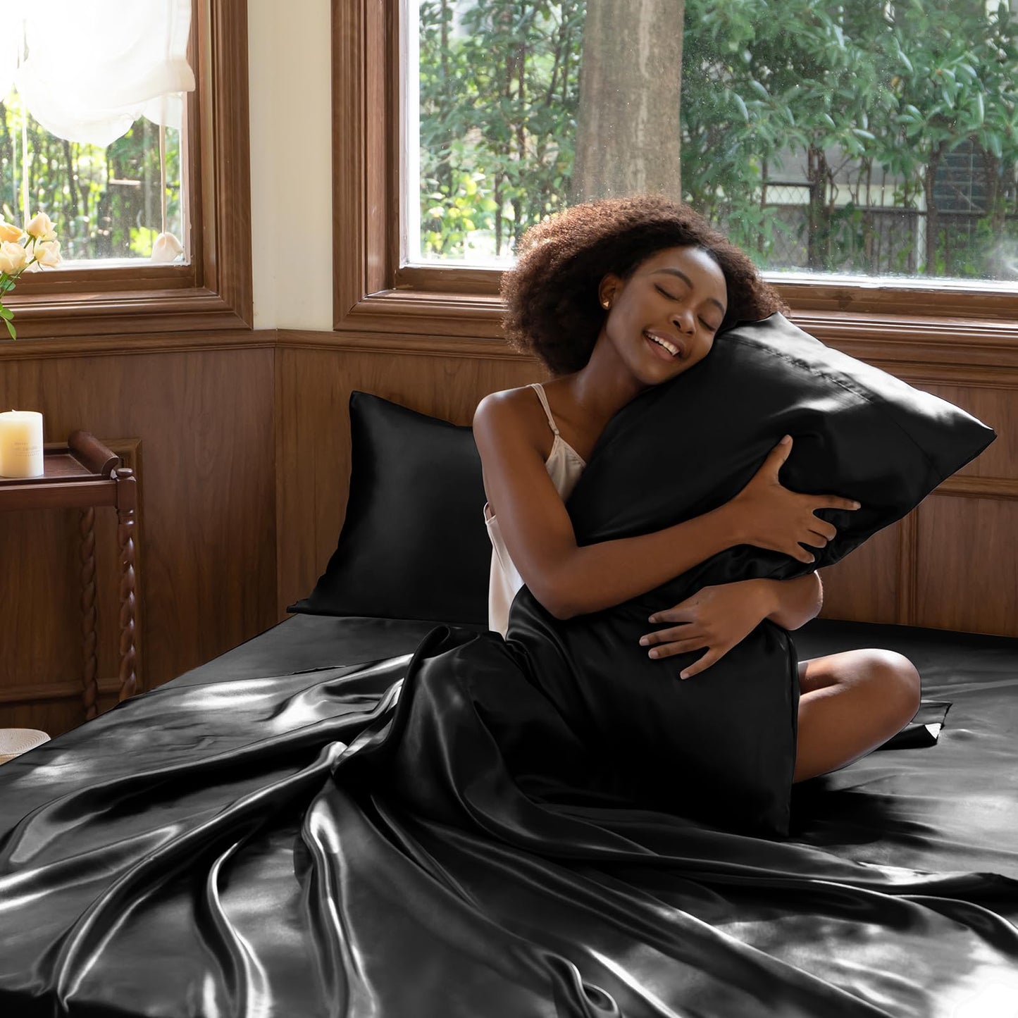 CozyLux Satin Sheets Queen Size Bed Set - 4 Piece Silky Queen Sheet Set, Luxury Black Queen Sheets with Smooth and Soft Microfiber, Includes 1 Fitted Sheet, 1 Flat Sheet and 2 Pillowcases