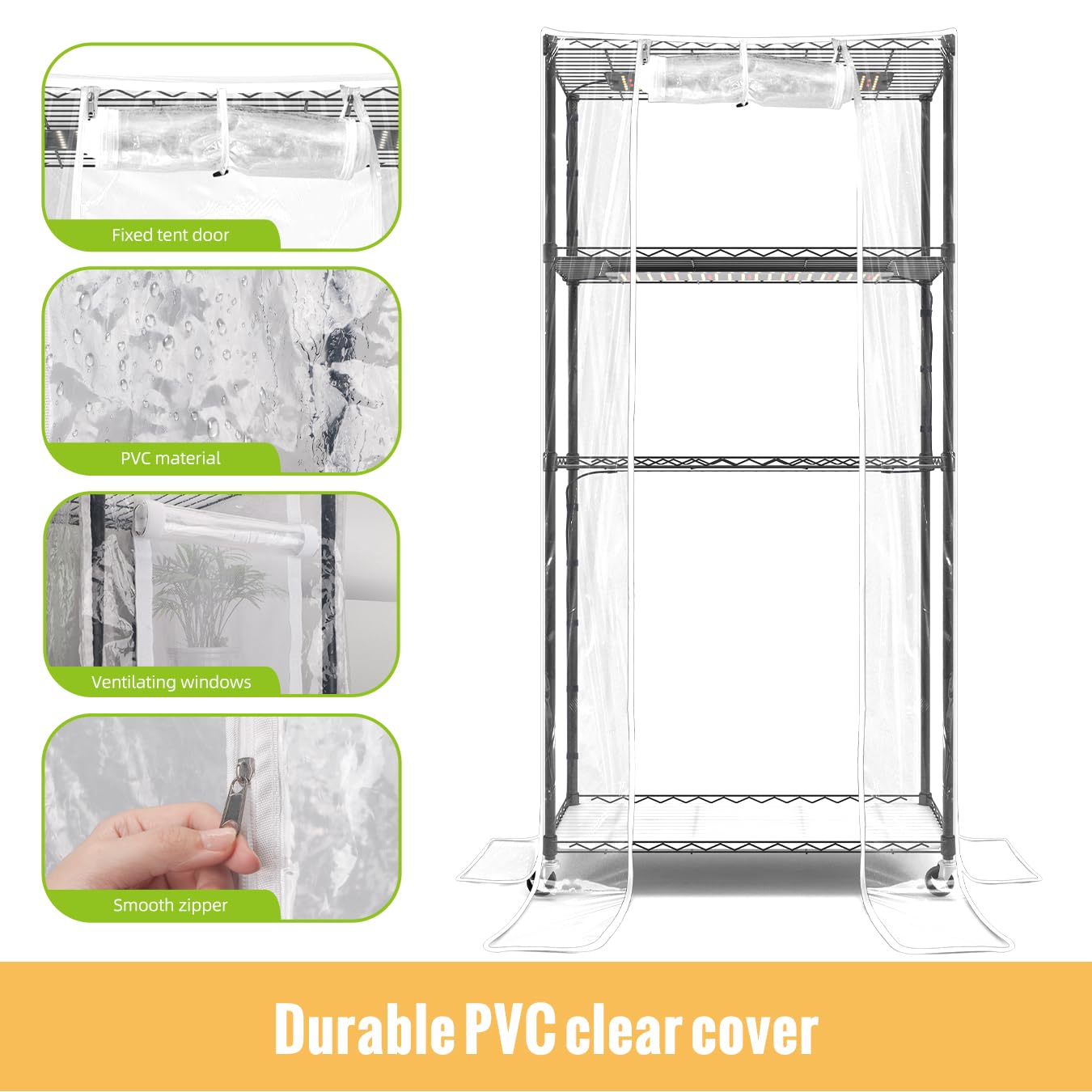 SpeePlant Indoor Greenhouse with Grow Light and Shelves - 4 Tier Plant Stand with Grow Light, Zippered PVC Cover and 3 Dimmable 1.8FT 60W Grow Lights with Timer, 30" L X 14" W X 59" H, Black