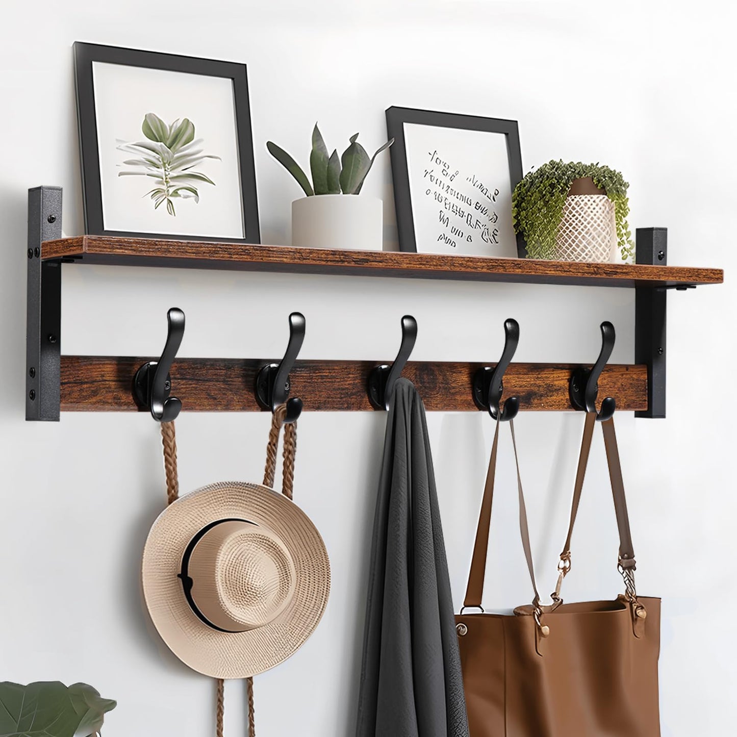 Tatub 29" Rustic Coat Rack Wall Mount with Shelf, Entryway Wall Hooks with Shelf, Coat Hangers for Bathroom, Living Room, Bedroom, Rustic Black