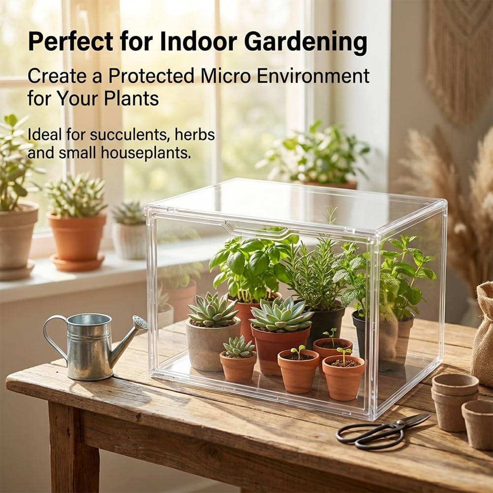Indoor Mini Greenhouse for Small Plants, Stackable Tabletop Clear PET Greenhouse 14.2×8.7×10.7 in with Magnetic Door, Easy Assembly Plant Nursery, Includes Drainage Mats