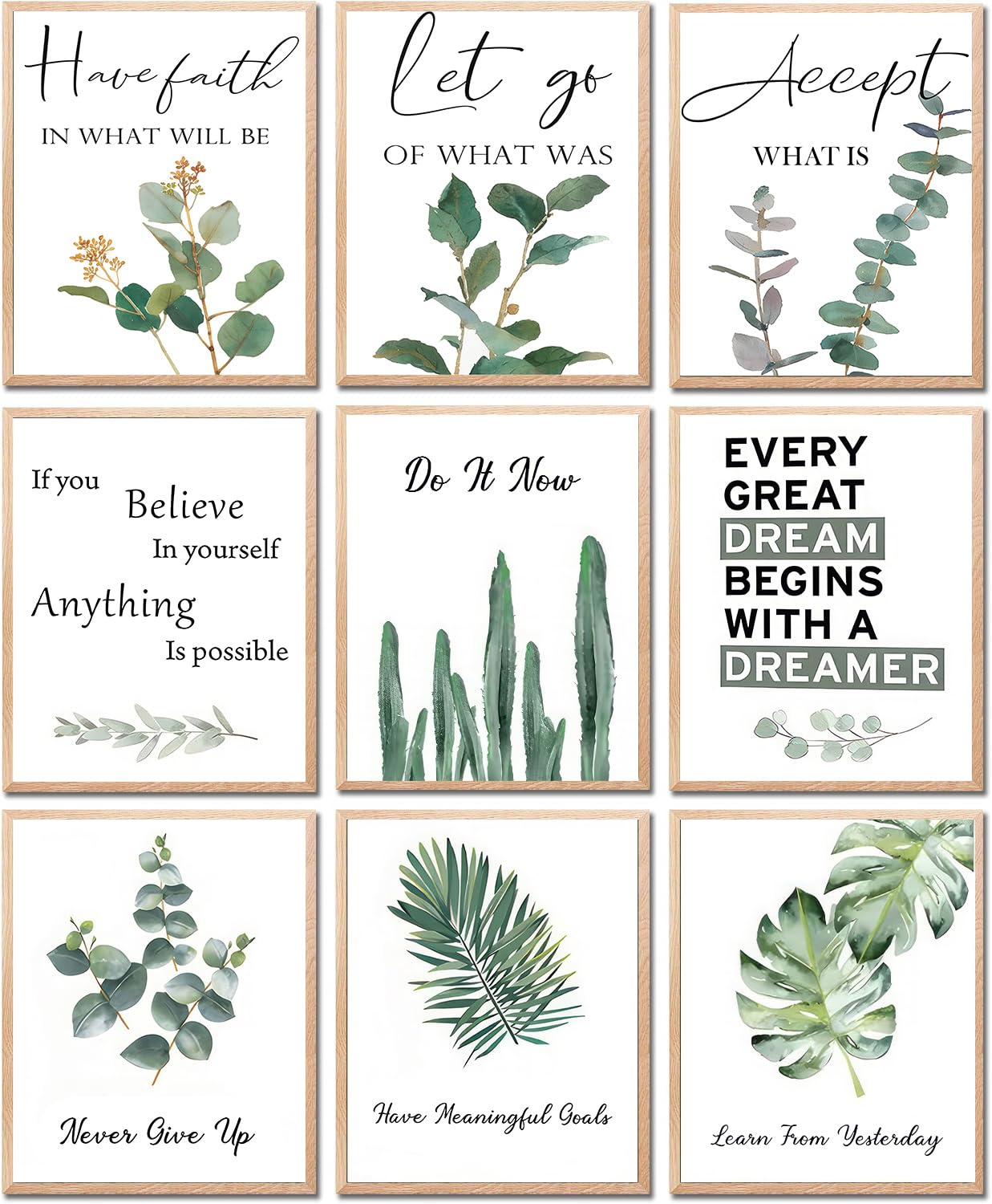 9pcs Inspirational Wall Art Motivational Quotes Wall Decor for Office Inspirational Eucalyptus Leaves Sage Poster Never Give Up Canvas Prints Painting Picture for ClassroomBedroom 8x10in Unframed