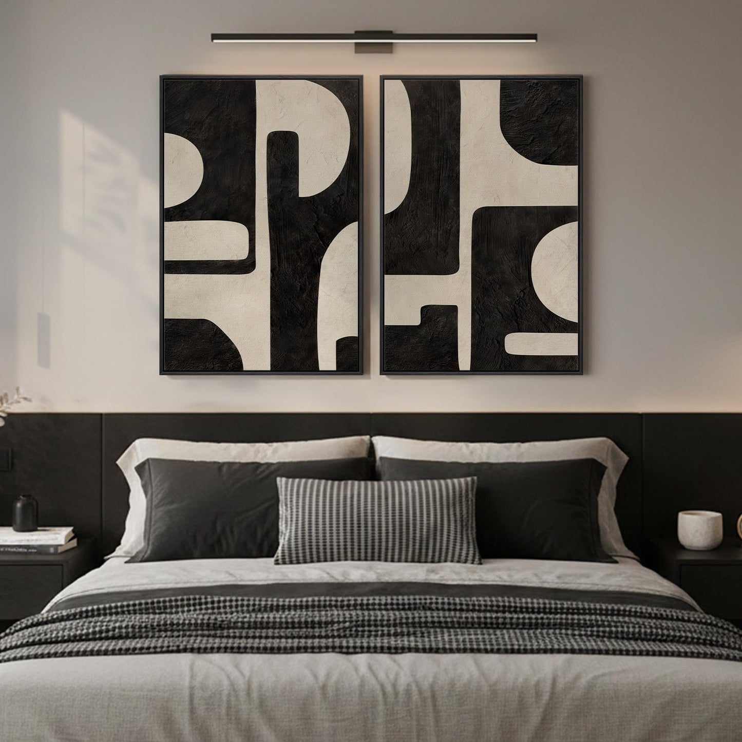 Large Framed Abstract Set of 2 Wall Art for Living Room, Neutral Black Beige Geometric Modern Canvas Artwork for Walls, Minimalist Painting Print Wall Decor Bedroom Hallway Home Office, 24x36 Inch
