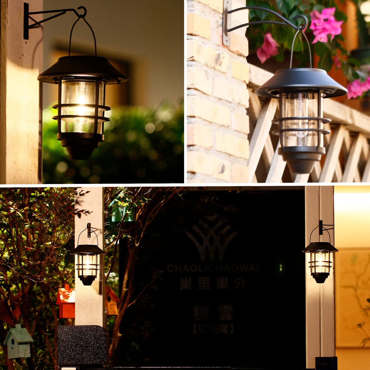 2 Pack Solar Lanterns Outdoor, Hanging Solar Lights for Outside Glass Metal with Wall Mount Bracket,Waterproof Auto Dusk to Dawn Garden Lantern for Fence Porch Decor- Warm White