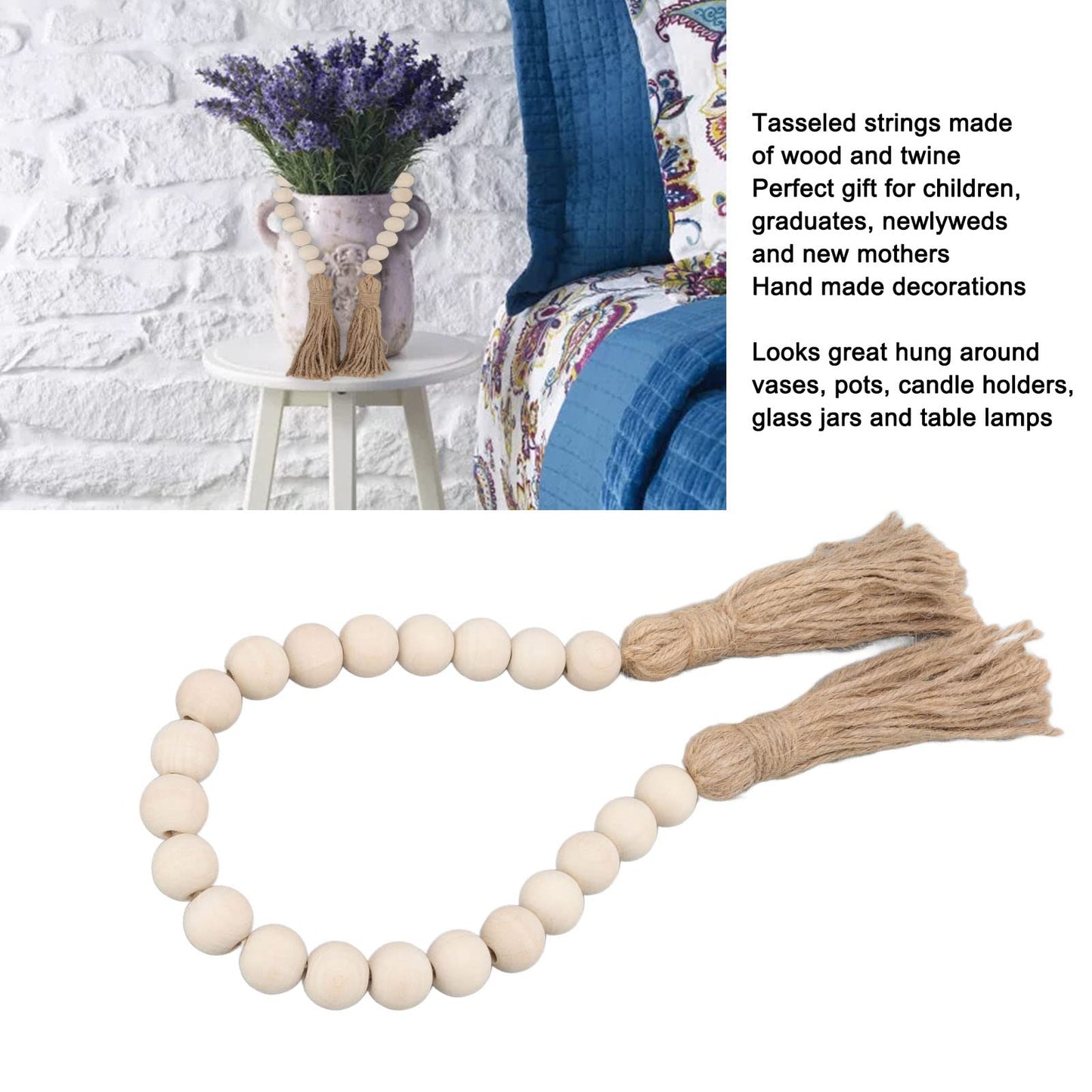 Buachois Farmhouse Beads 24in Wood Bead Garland with Tassels Rustic Country Decor Prayer Wall Hanging Bead Decoration for Gifts Ornamen
