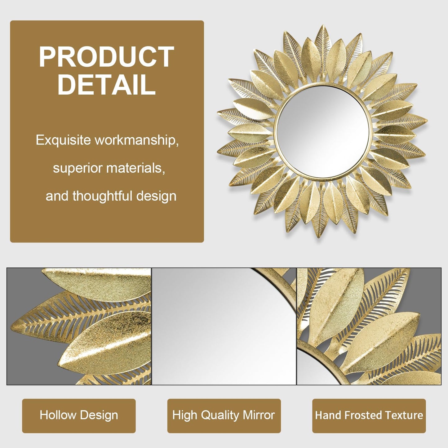 HEBOIX 24" Gold Sunburst Decorative Wall Mirror – Handmade Flower Design, Luxury Round Accent Mirror Boho Wall Decor for Bedroom,Entryway, Dining Room & Kitchen
