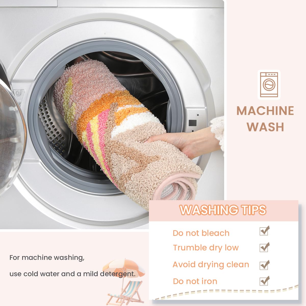 Cute Beach Bath Rug Super Absorbent Non Slip Modern Bathroom Mat Machine Washable Fluffy Carpet for Tub, Shower and Bedroom (Pink Beach, 23"x16")