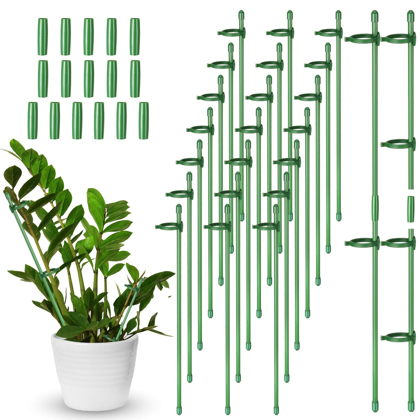 meekoo 30 Pcs Adjustable Garden Plant Support Stakes Single Stem Plant Cage Support Rings with Clips and Connect Pipe for Orchid Rose Tomato, 12 Inch (Green)