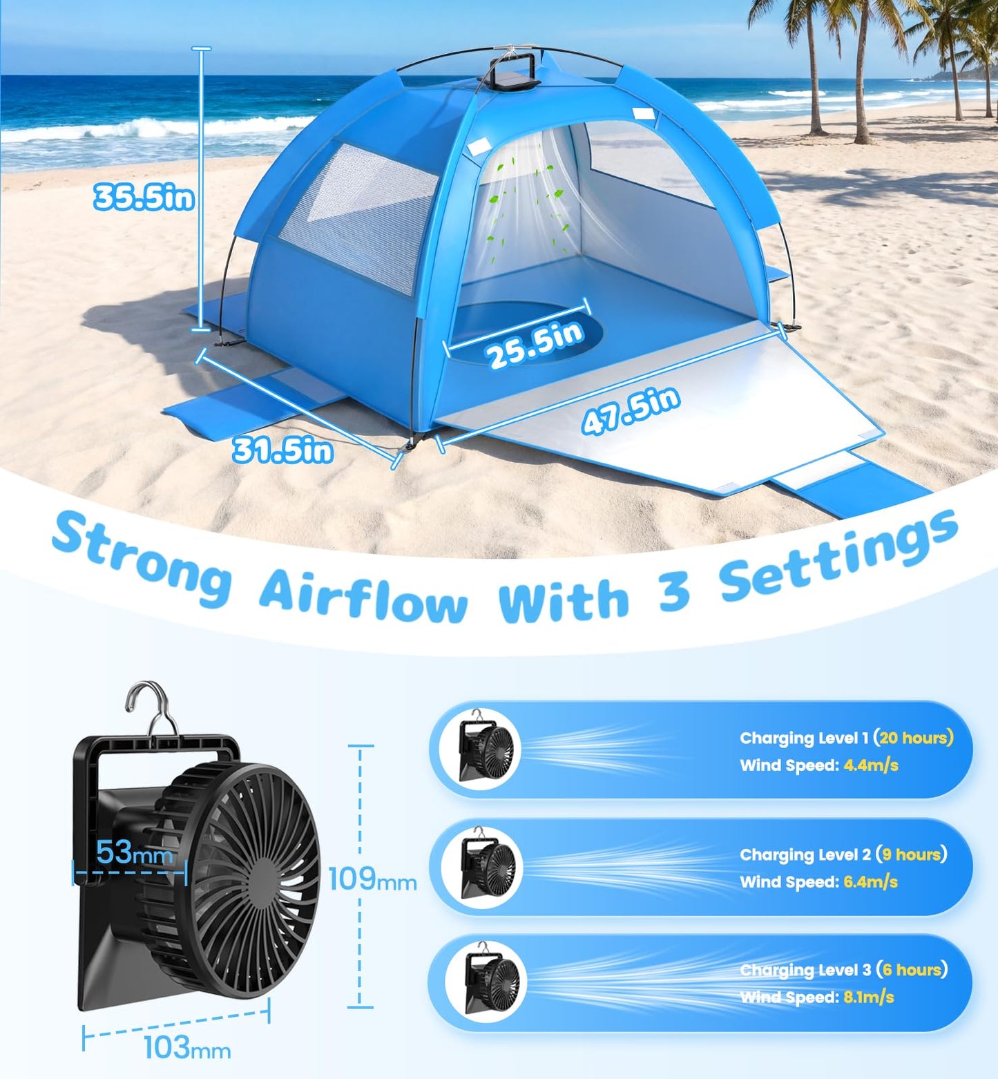 Dsquu Baby Beach Tent Solar Cooling Fan, Anti-UV Toddler Beach Tent Sun Shelter Portable Travel Fan Beach Shade Tent, Baby Play Tent Built-in Ceiling Fan Sun Shelters Toddler Beach Essentials