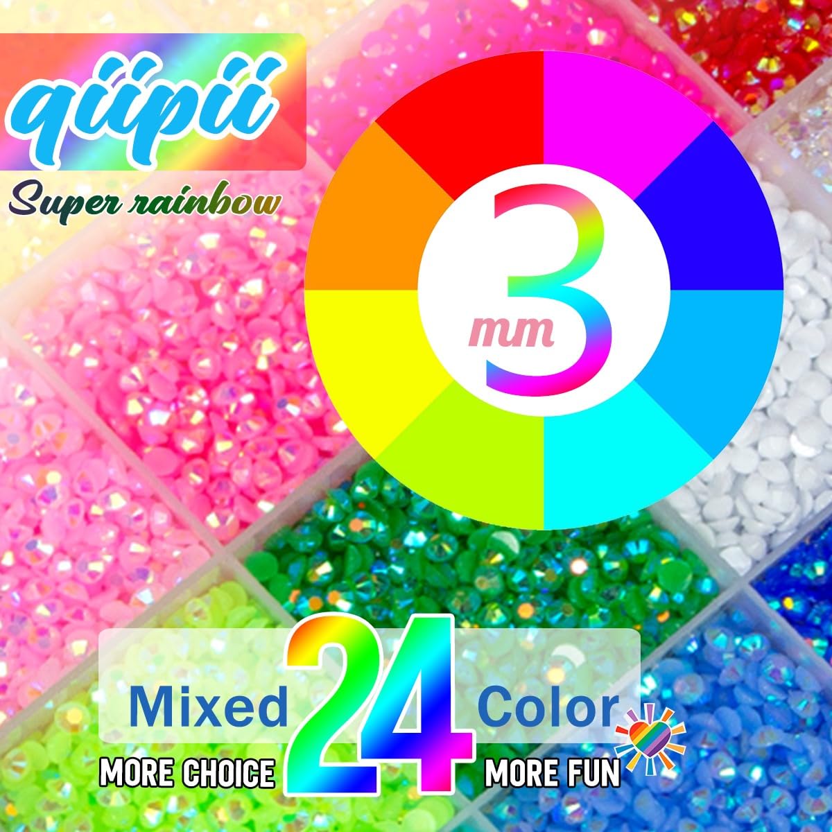 qiipii 24 Color 3mm Jelly Resin Rhinestones for Bedazzling Crafting Flatback Stones Bedazzler Kit Colorful Gems Diamonds Charms for Nails Eyes Face Makeup Tumblers Bottles DIY Crafts Shoes Phones