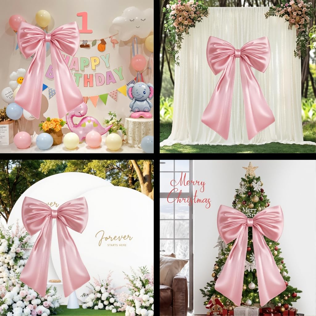 40*24 Inch Satin Ribbon Large Pink Bow, Giant Bow Decor with Premium Satin, Reusable 3D Shape and Easy Hang, Ideal for Coquette Party Decorations, Wedding, Bridal Shower, Backdrop and Bedroom Decor