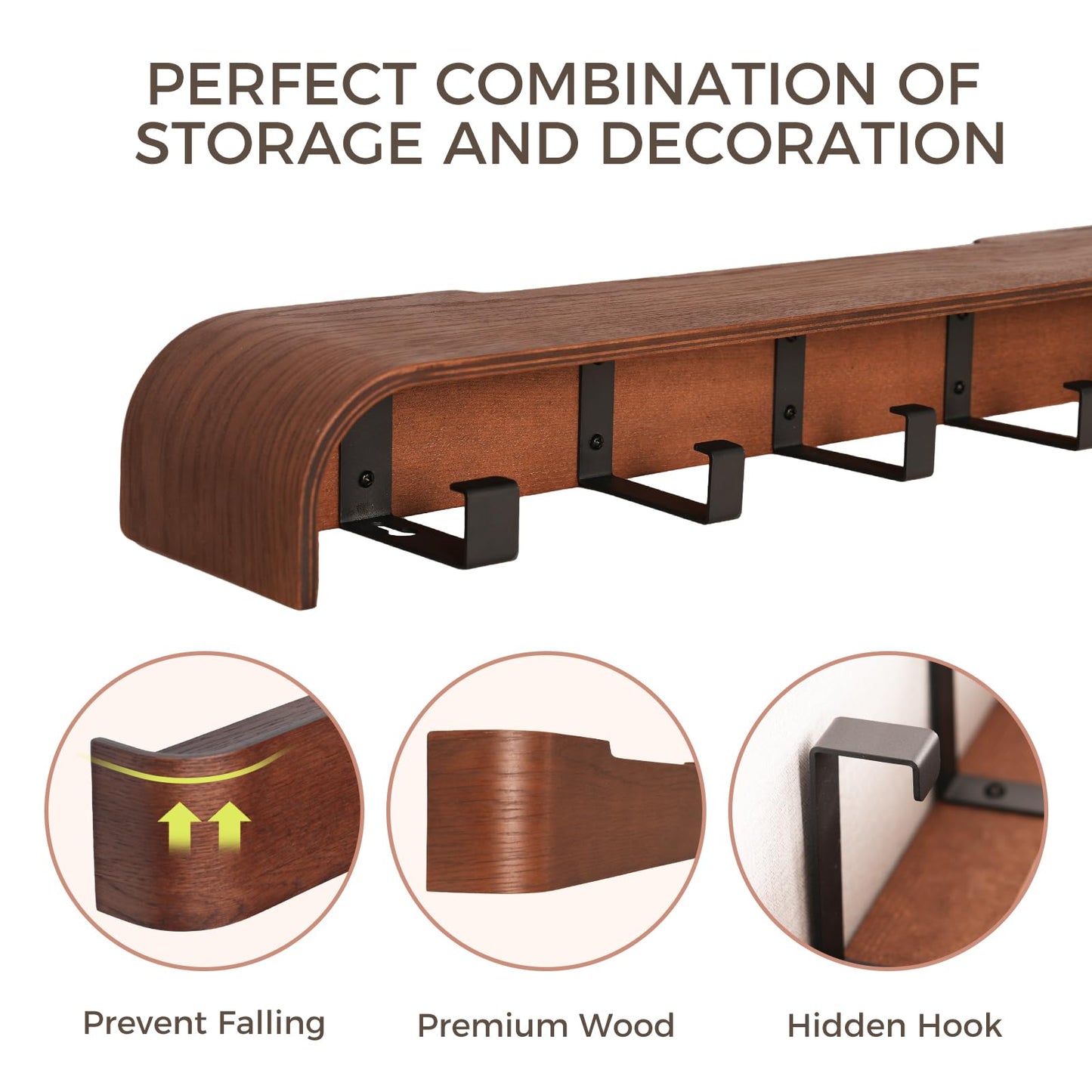 Coat Rack Wall Mount with Shelf Entryway Shelf Modern Key Holder Hanger Wall Shelves with Hidden Hooks for Hanging Towels Coats Hats Bags for Hallway Bathroom Bedroom(Walnut Color, 4 Hooks)