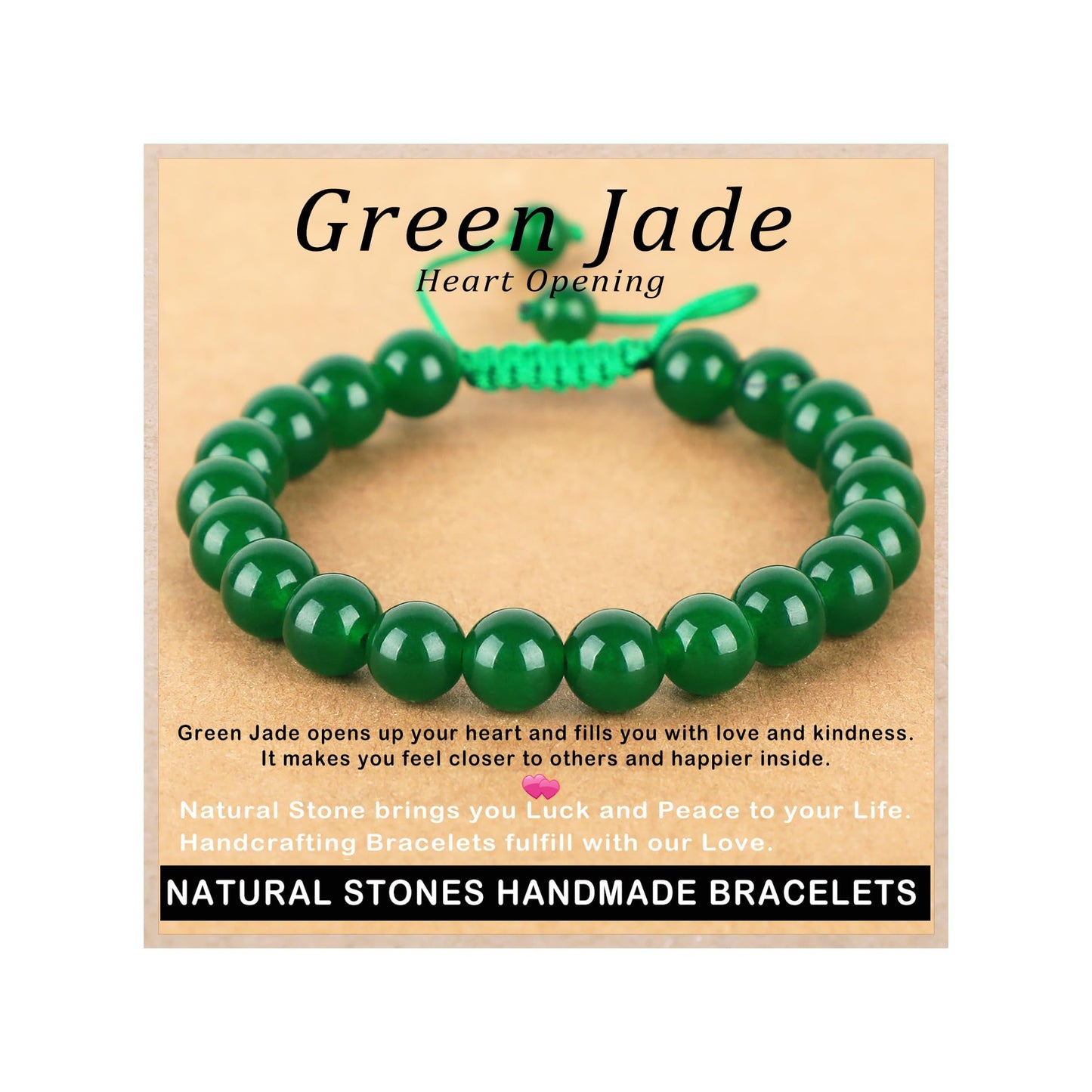 AD Beads 8mm Green Jade Bracelet - Stone of Heart Opening - Handmade Natural Stone Crystal Bracelet with Adjustable Macrame String - Yoga Healing Power Energy Gifts for Men and Women