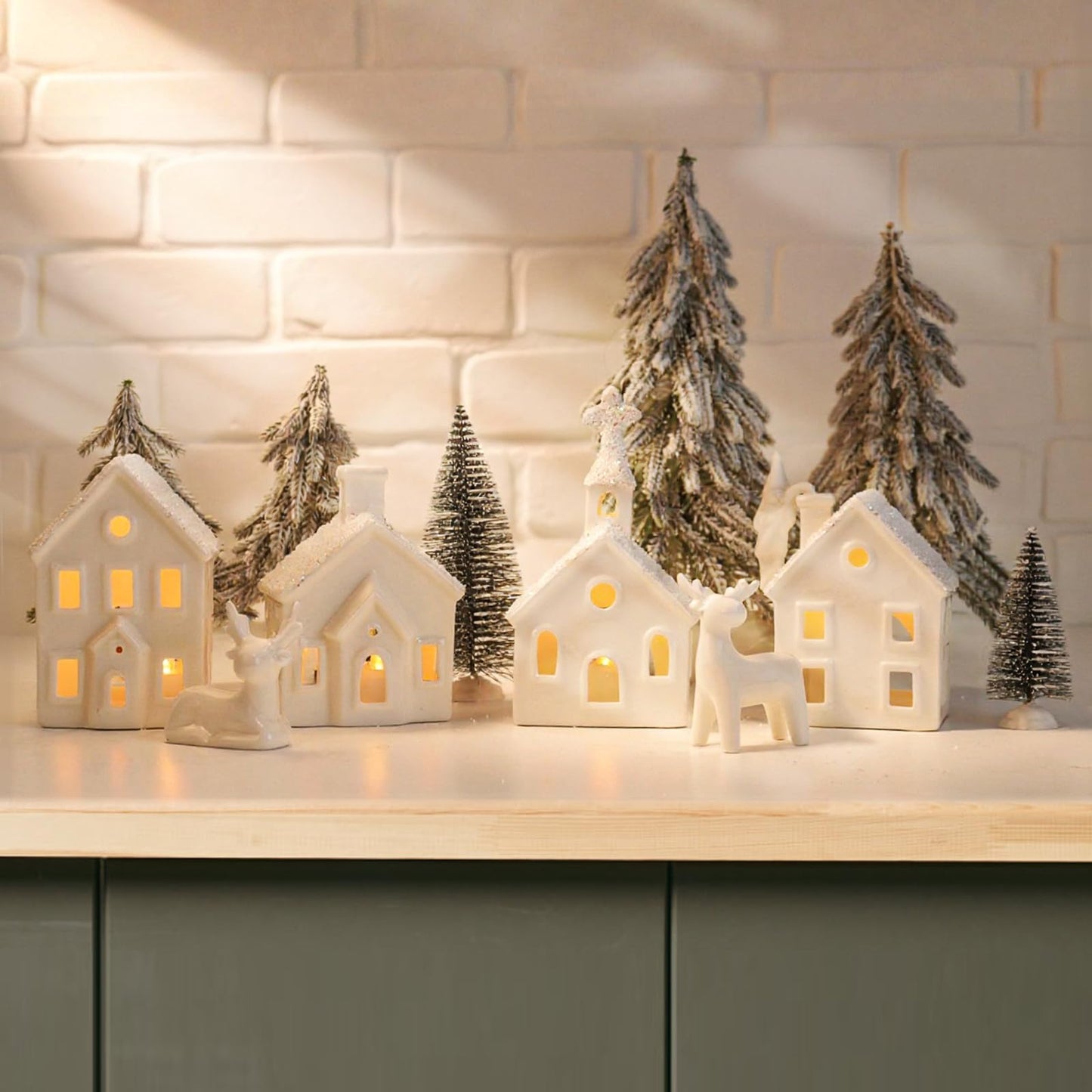 Christmas Decorations Indoor - 9 Piece Christmas Village Sets with 4 Remote Control Lighted Ceramic Houses, 2 Trees, 2 Deer & Santa - Neutral White Farmhouse Holiday Decor for Home Table Room(White)