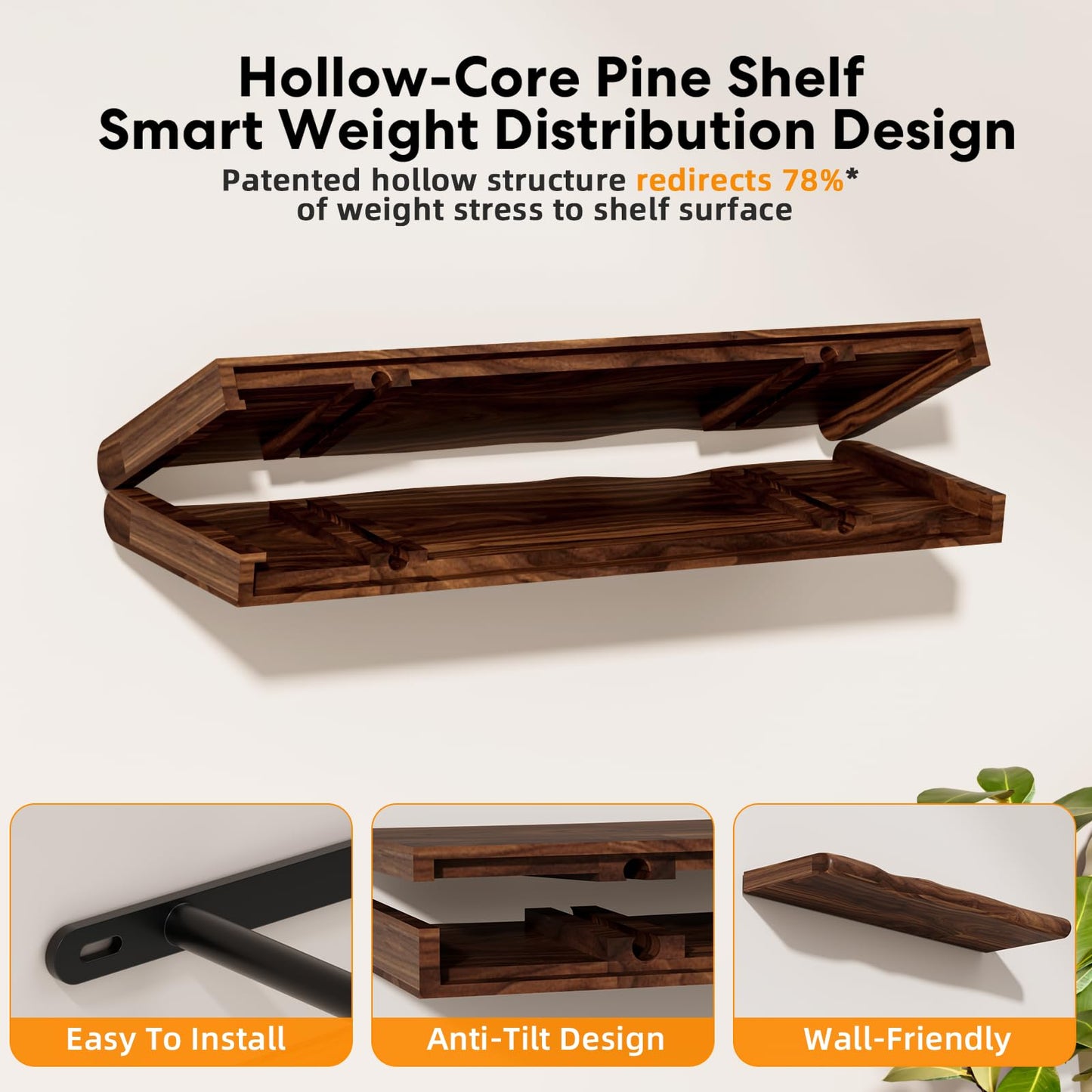Avytronx Solid Wood Live Edge Floating Shelves Set of 2 – 24" Rustic Wall Shelf with Hidden Bracket System, Wall Mounted Shelves for Bathroom, Kitchen, Living Room, Bedroom (Walnut)