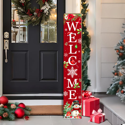 Christmas Welcome Porch Sign, Snowman Signs for Front Porch, Snowflake Door Sign Yard, Vertical Wood Sign Standing for Patio Front Door Porches, Winter Holiday Home Party Decor for Wall Yard Indoor Outdoor, 47x8 inch