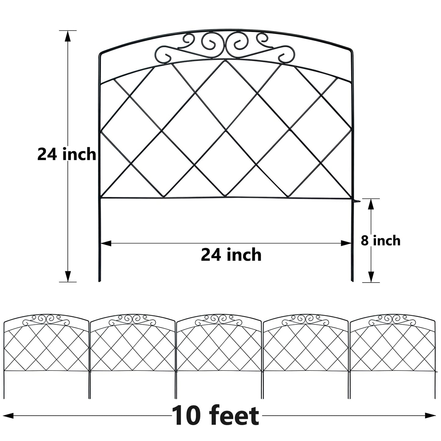 Thealyn Decorative Garden Fence 24 in H x 24 in W (5 Panels, Total Length 10 ft) Rustproof Metal No Dig Fencing Animal Barrier Fence, Outdoor Border for Dog, Yard, Patio, Flower, Bed