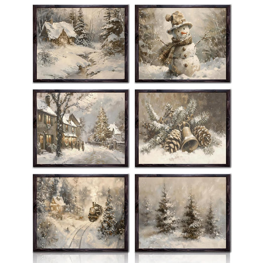 6Pcs Vintage Christmas Wall Art Rustic Winter Snow Landscape wall decor pictures Cozy Cabin Snowman Pine Tree Train Neutral Holiday Poster Printing for Living Room Bedroom Home Decorations Unframed