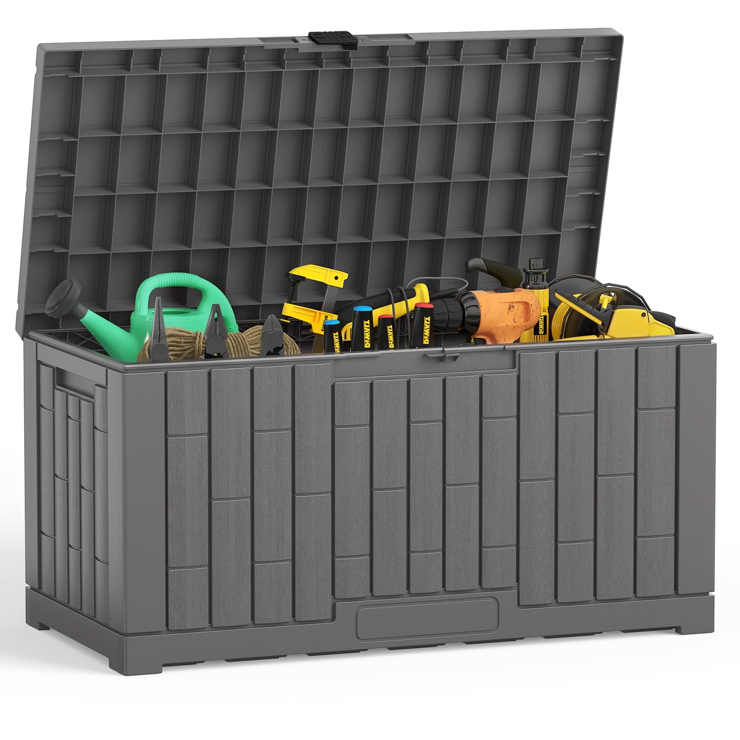 DUMOS 60 Gallon Deck Box, UV Resistant Waterproof Storage Bin for Patio Cushions Gardening Tools, Lockable Resin Outdoor Storage Box with Hundles, Grey
