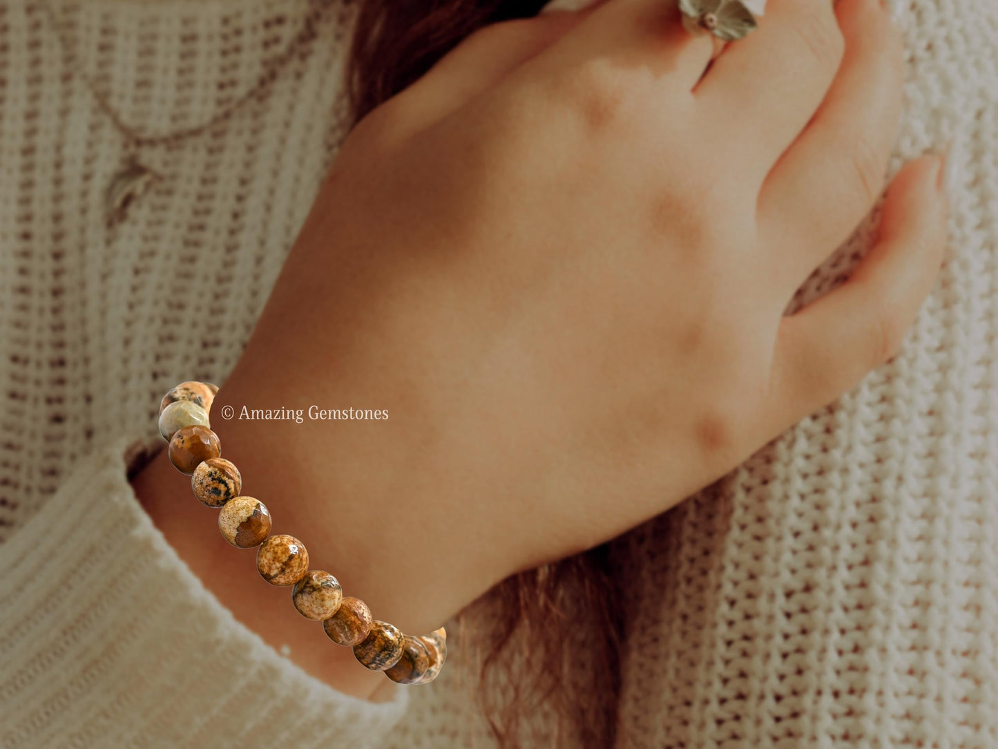 Amazing Gemstone Picture Jasper Bracelet for Women - Chakra Mens Bracelet Protection Crystals and Healing Stones - Blessing Bracelet Spiritual Meditation Gift (Faceted Beaded Bracelet, Adjustable)