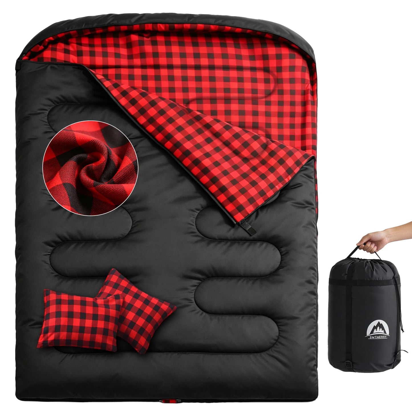 Swtmerry Double Sleeping Bag for Adults with 2 Pillows, Big & Tall Queen Size XL Sleeping Bag for 2 Person, Waterproof & Lightweight Warm for 3 Seasons, Cold Weather,Camping, Hiking & Backpacking
