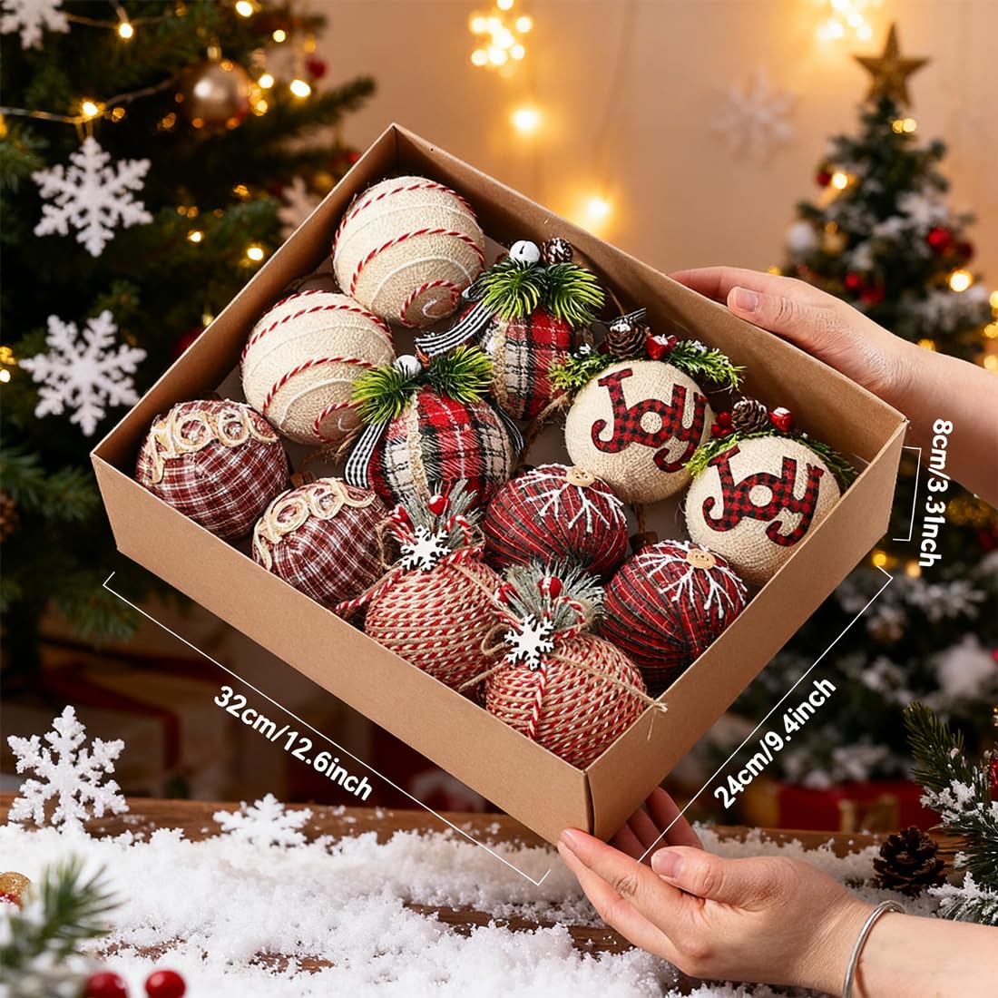 12 Piece Rustic Christmas Tree Ornaments, Farmhouse Christma Decoration, 3.15 inch Natural Jute Burlap Christmas Ball