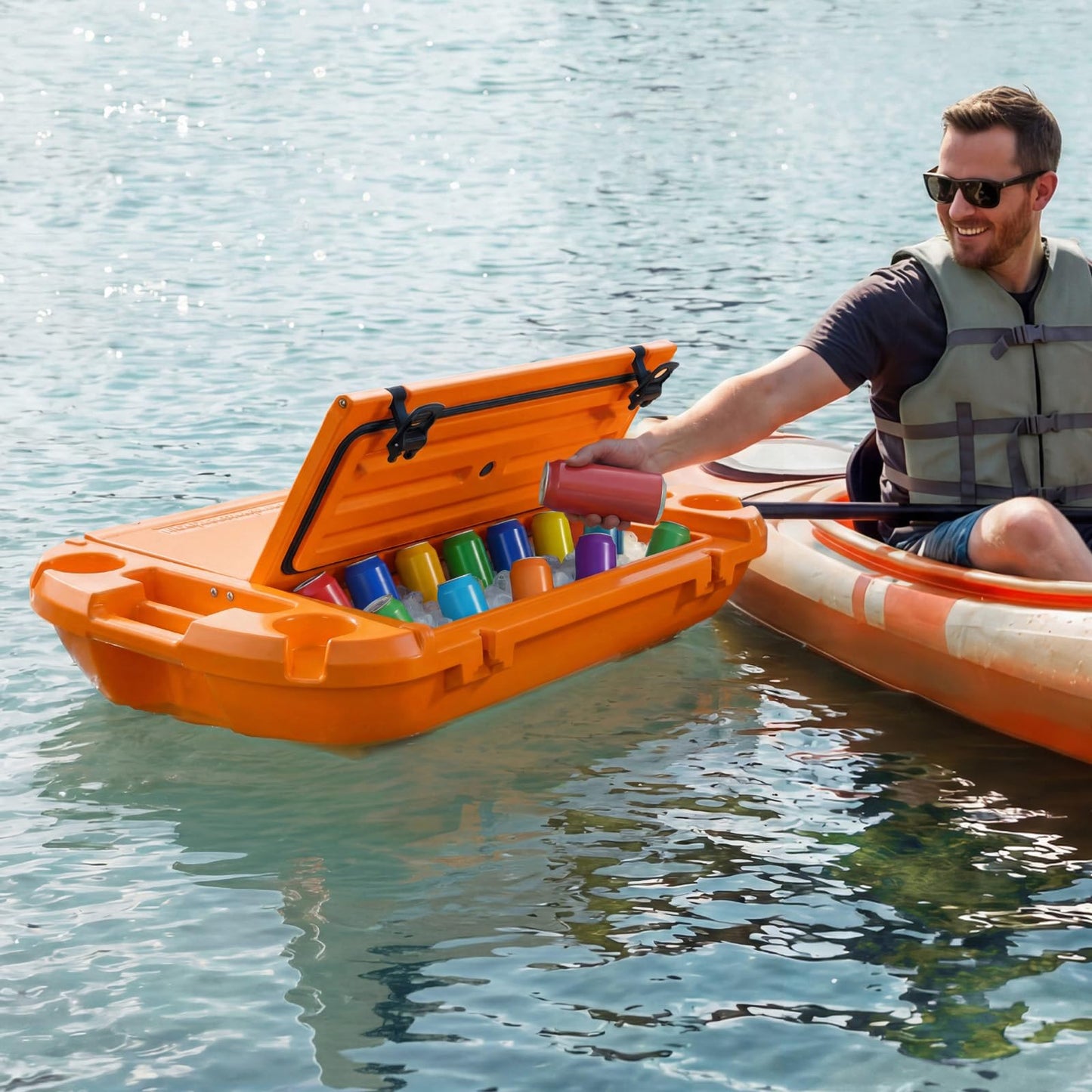 VEVOR 40QT Floating Cooler, Spacious Floating Ice Chest with Dry Storage Vessel & Tow Rope, Premium LLDPE Beverages Cooler for Water & Land, Smooth Cruiser on Lake River Beach Kayak - Orange