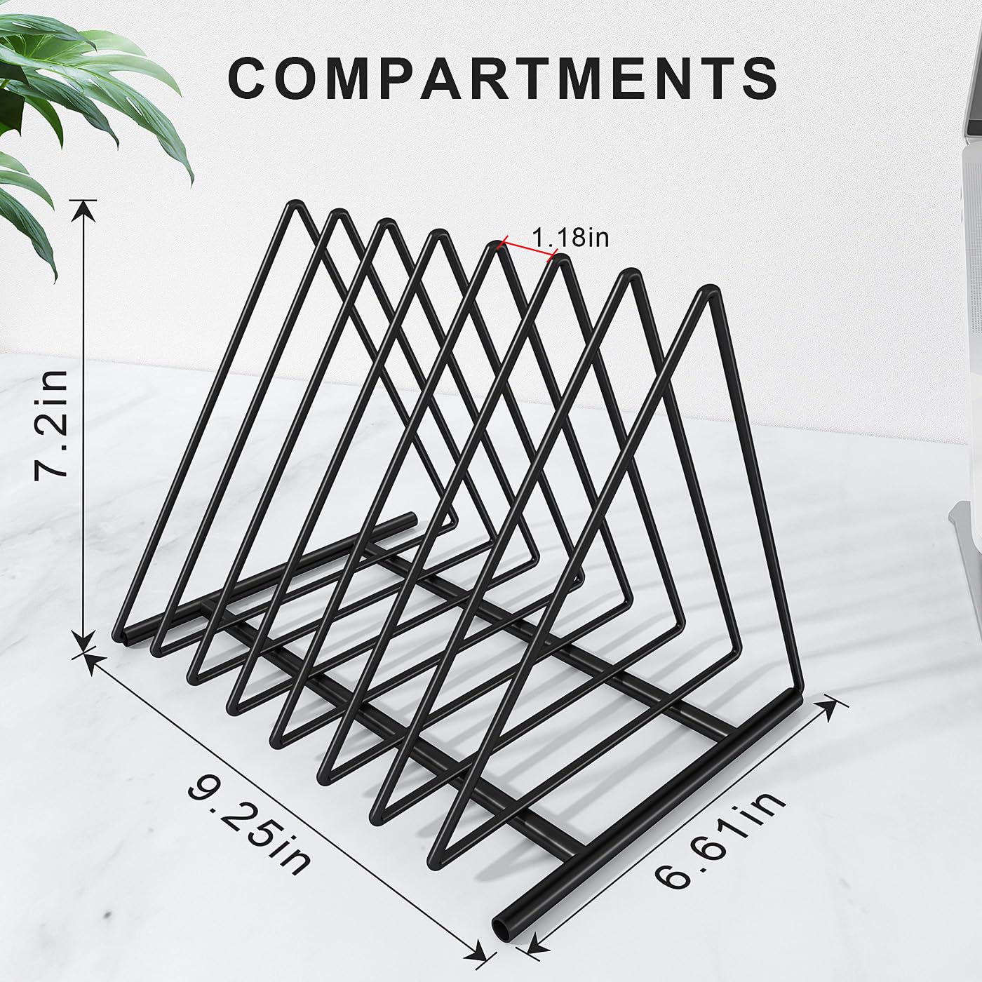 Fun storage Triangle Desk File Organizer, 7 Slots Metal File Sorter Magazine Holder Document Rack,Desktop Bookshelf Organizer for Office Home School,Black