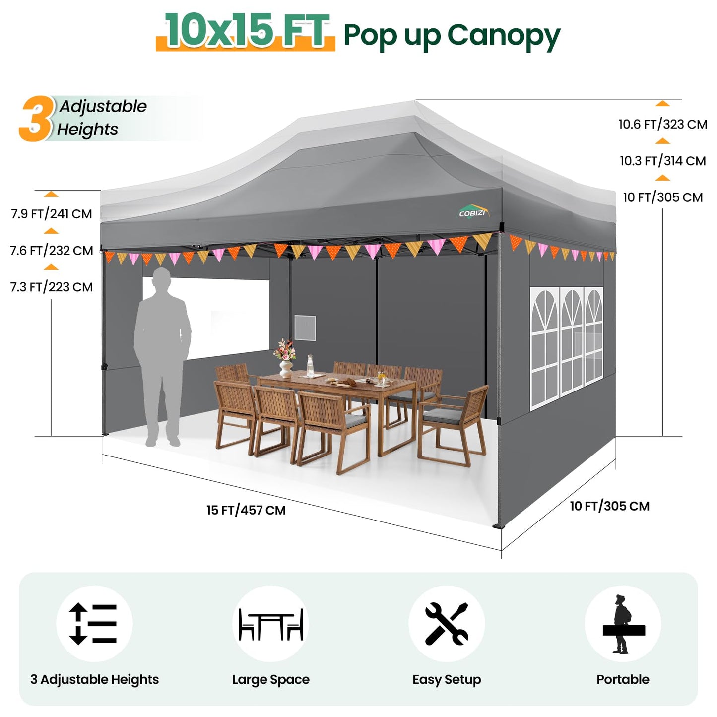 COBIZI 10x15 Heavy Duty Pop up Canopy Tent with 4 sidewalls, Commercial Outdoor Tents for Parties,Backyard Event, Wedding, All Season Waterproof Event Shelter with Carry Bag, Gray(Frame Thickened)