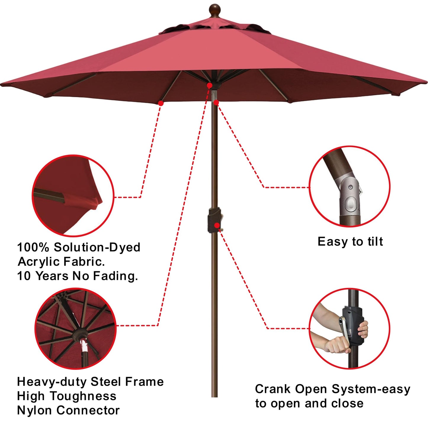 EliteShade USA 10-Year-Non-Fading 9Ft Market Patio Umbrella, UPF 50+ UV Protection Performance Sun Umbrella, Heavy Duty Commercial Grade Outdoor Table Umbrella with Crank & Tilt, Windproof Vented Top for Garden, Pool, Deck and Outdoor Playsets, Burgundy