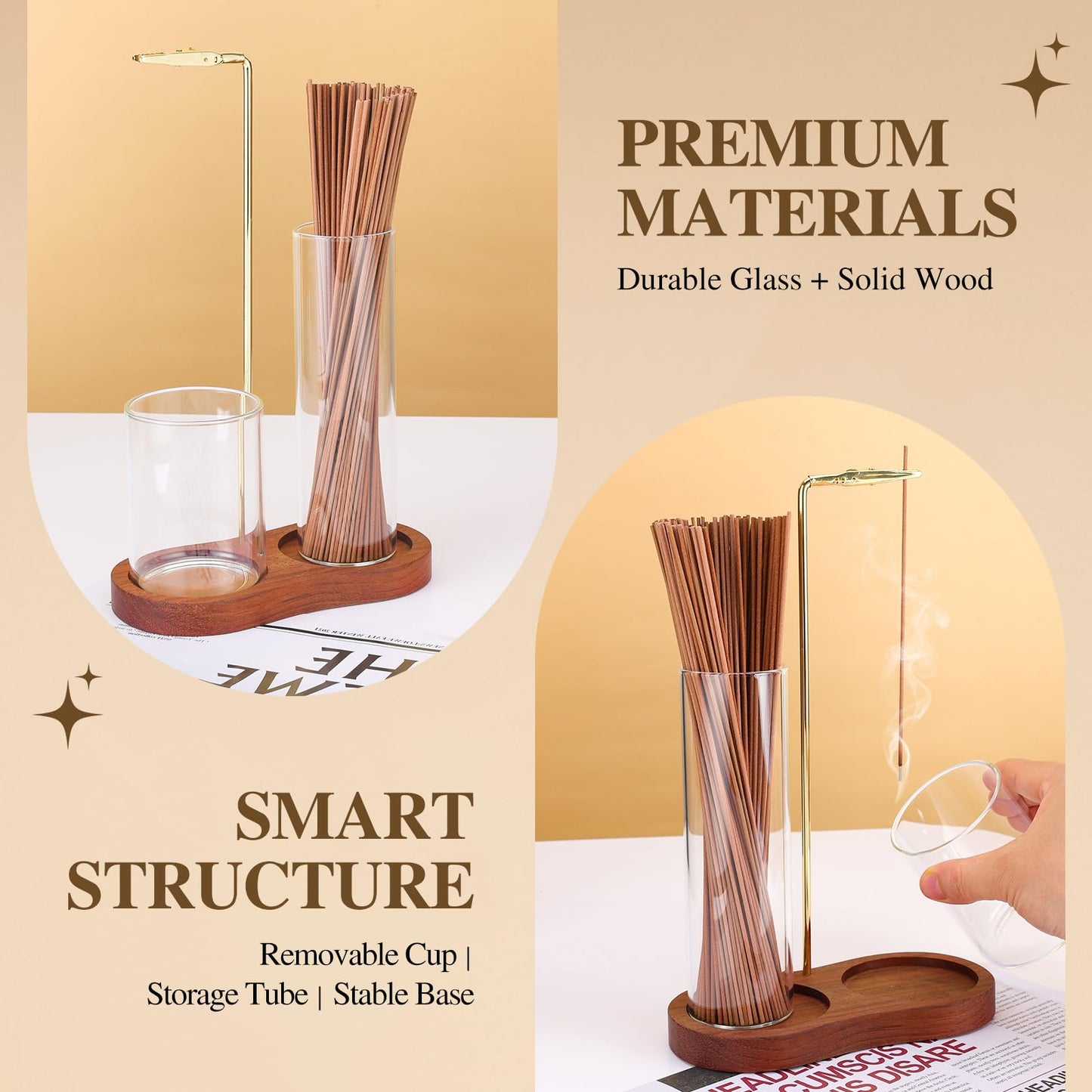 2 in 1 Incense Holder for Sticks with Glass Ash Catcher, Upside Down Anti-Ash Incense Stick Burner, Modern Vertical Incense Holder for Yoga, Spa, Meditation and Home Decor Reddish Brown