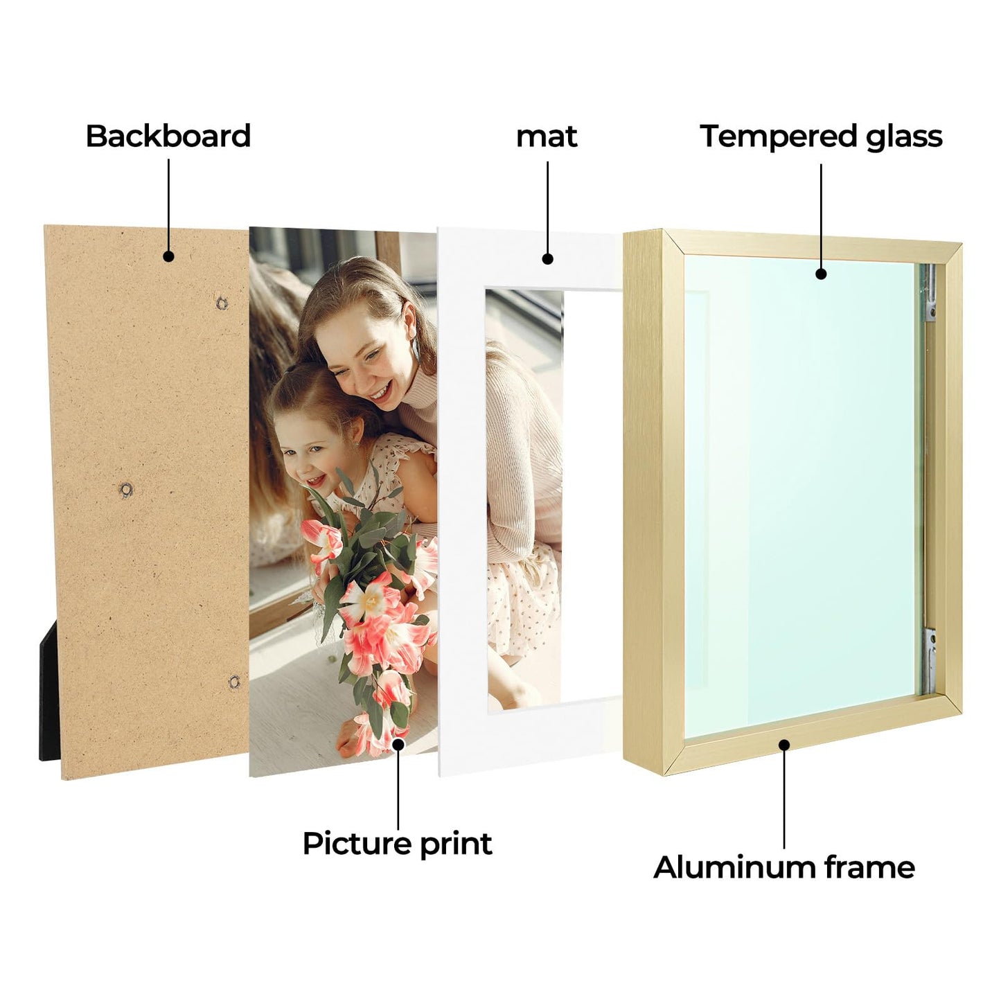 Golden State Art, Gold 5x7 Aluminum Picture Frame - Display Photos 4x6 with Mat or 5x7 inch Without Mat - Shatter-Resistant Glass Metal Photo Frame for Wall or Tabletop Display (2 Pack)