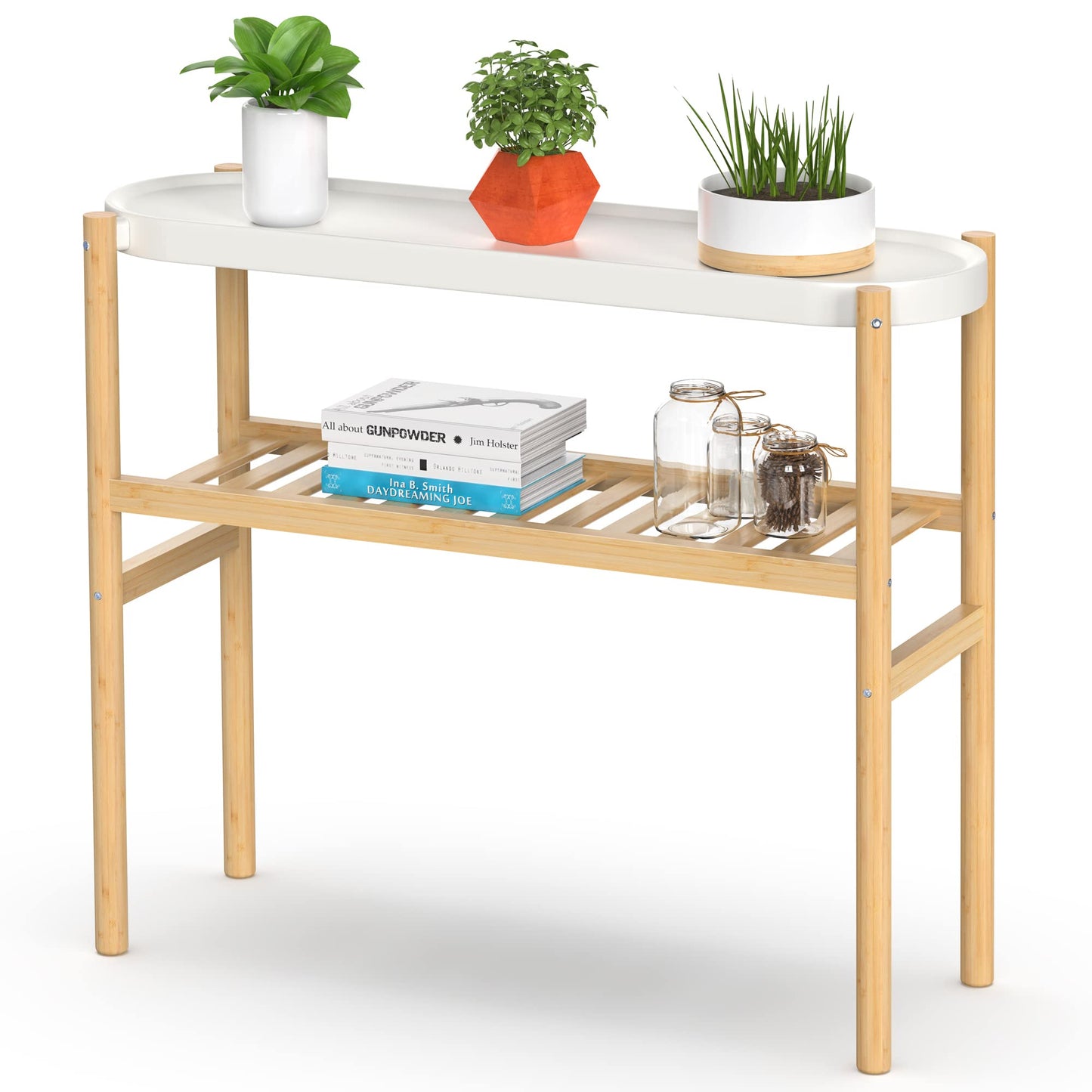 HoVoit Bamboo Plant Stands Indoor, 2 Tier Steel Tray Plant Table Tall Corner Multiple Plant Holder Display Rack for Outdoor Garden Home